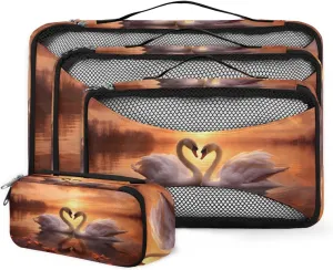 4 Set Packing Cubes for Suitcases, Travel Essentials for Carry on Luggage, Swan Couple Suitcase Organizers for Clothes Shoes Toiletries Travel Accessories in 4 Sizes - Sunset Swan