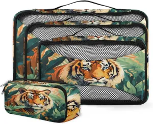 4 Set Packing Cubes for Suitcases, Travel Essentials for Carry on Luggage, Tiger Suitcase Organizers for Clothes Shoes Toiletries Travel Accessories in 4 Sizes - Forest Tiger
