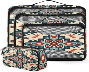 4 Set Packing Cubes for Suitcases, Travel Essentials for Carry on Luggage, Traditional Aztec Suitcase Organizers for Clothes Shoes Toiletries Travel Accessories in 4 Sizes - Geometry Flower
