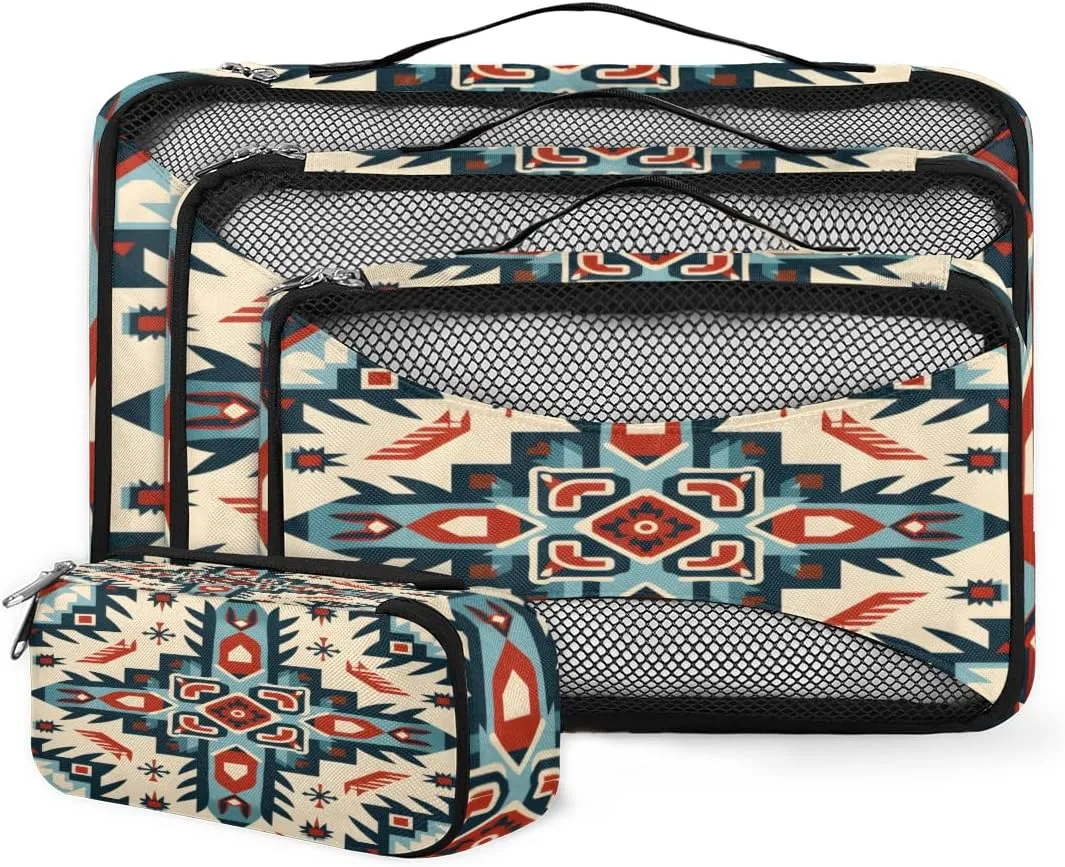 4 Set Packing Cubes for Suitcases, Travel Essentials for Carry on Luggage, Traditional Aztec Suitcase Organizers for Clothes Shoes Toiletries Travel Accessories in 4 Sizes - Geometry Flower