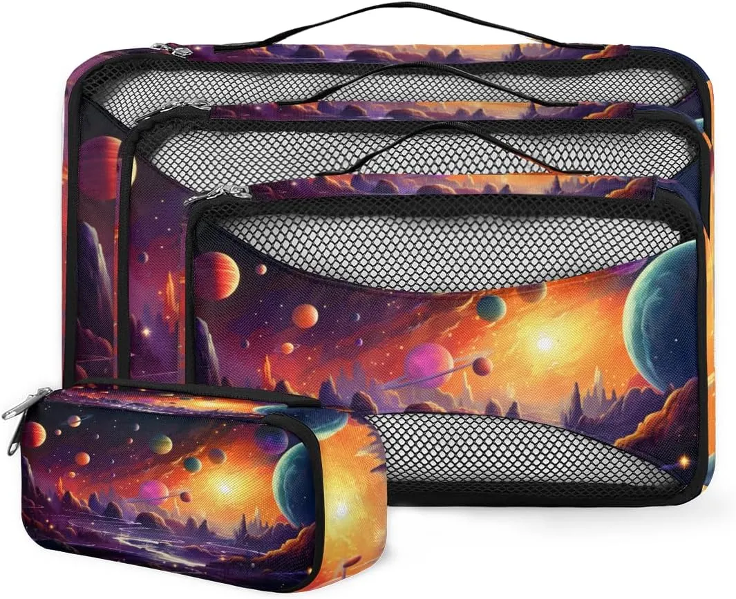 4 Set Packing Cubes for Suitcases, Travel Essentials for Carry on Luggage, Universe Galaxy Suitcase Organizers for Clothes Shoes Toiletries Travel Accessories in 4 Sizes - Bright Galaxy
