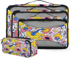 4 Set Packing Cubes for Suitcases, Travel Essentials for Carry on Luggage, Vintage Patter Suitcase Organizers for Clothes Shoes Toiletries Travel Accessories in 4 Sizes - Colorful Graffiti
