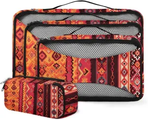 4 Set Packing Cubes for Suitcases, Travel Essentials for Carry on Luggage, Vintage Striped Pattern Suitcase Organizers for Clothes Shoes Toiletries Travel Accessories in 4 Sizes - Ethnic Aztec