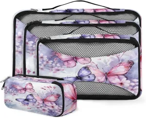 4 Set Packing Cubes for Suitcases, Travel Essentials for Carry on Luggage, Watercolor Butterfly Suitcase Organizers for Clothes Shoes Toiletries Travel Accessories in 4 Sizes - Retro Butterfly