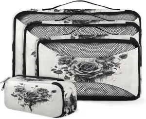 4 Set Packing Cubes for Suitcases, Travel Essentials for Carry on Luggage, Watercolor Rose Suitcase Organizers for Clothes Shoes Toiletries Travel Accessories in 4 Sizes - Abstract Rose