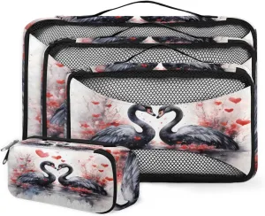 4 Set Packing Cubes for Suitcases, Travel Essentials for Carry on Luggage, Watercolor Swan Suitcase Organizers for Clothes Shoes Toiletries Travel Accessories in 4 Sizes - Swan Heart