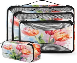 4 Set Packing Cubes for Suitcases, Travel Essentials for Carry on Luggage, Watercolor Tulips Suitcase Organizers for Clothes Shoes Toiletries Travel Accessories in 4 Sizes - Artistic Tulips
