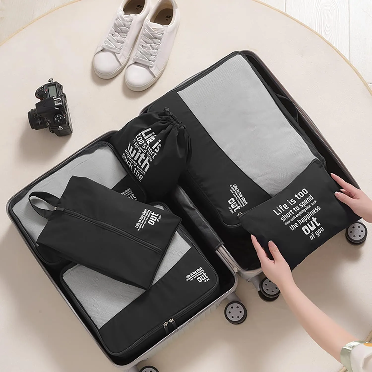 6Pcs Packing Cubes for Travel Accessories, Foldable Essentials Suitcase Organizer,Lightweight Mesh Luggage Storage Bag (Black)