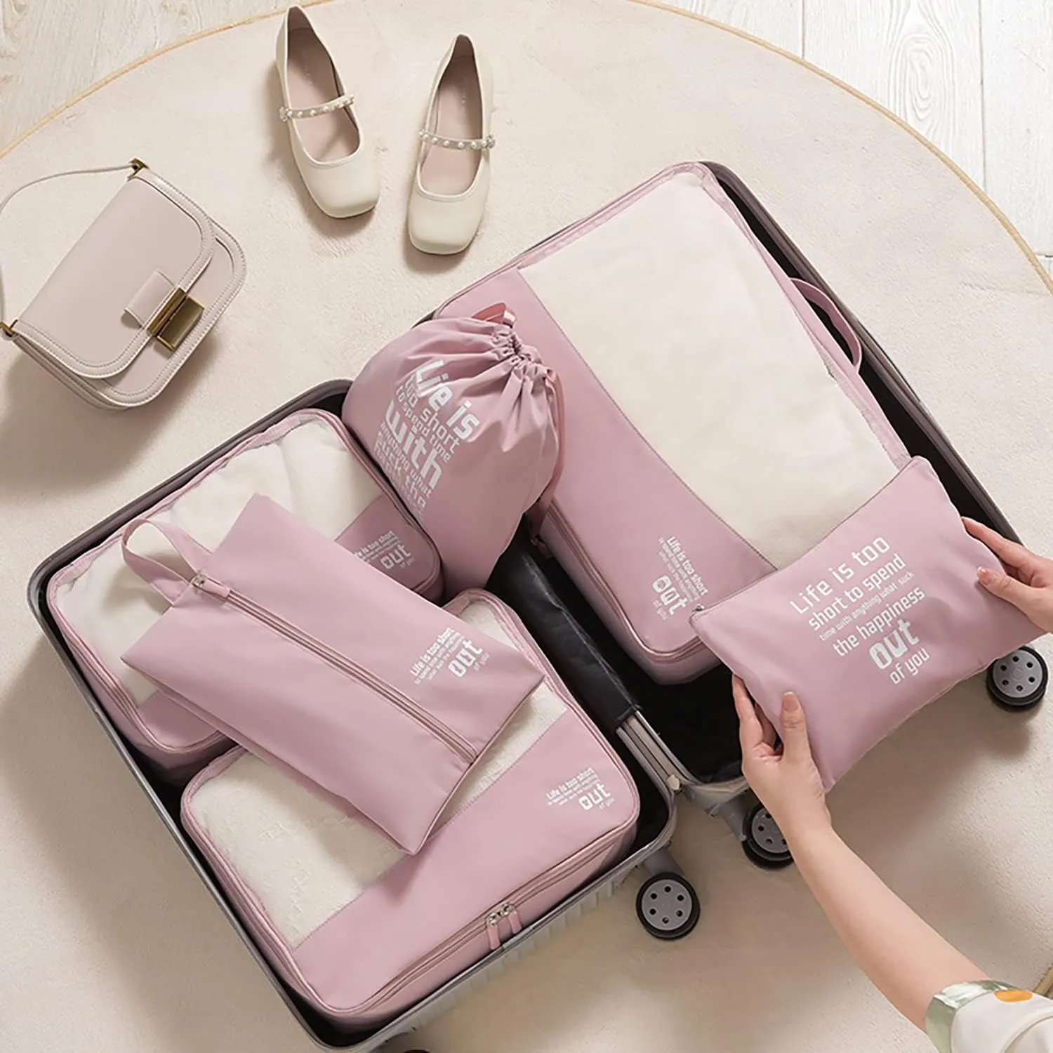 6Pcs Packing Cubes for Travel Accessories, Foldable Essentials Suitcase Organizer,Lightweight Mesh Luggage Storage Bag (Pink)
