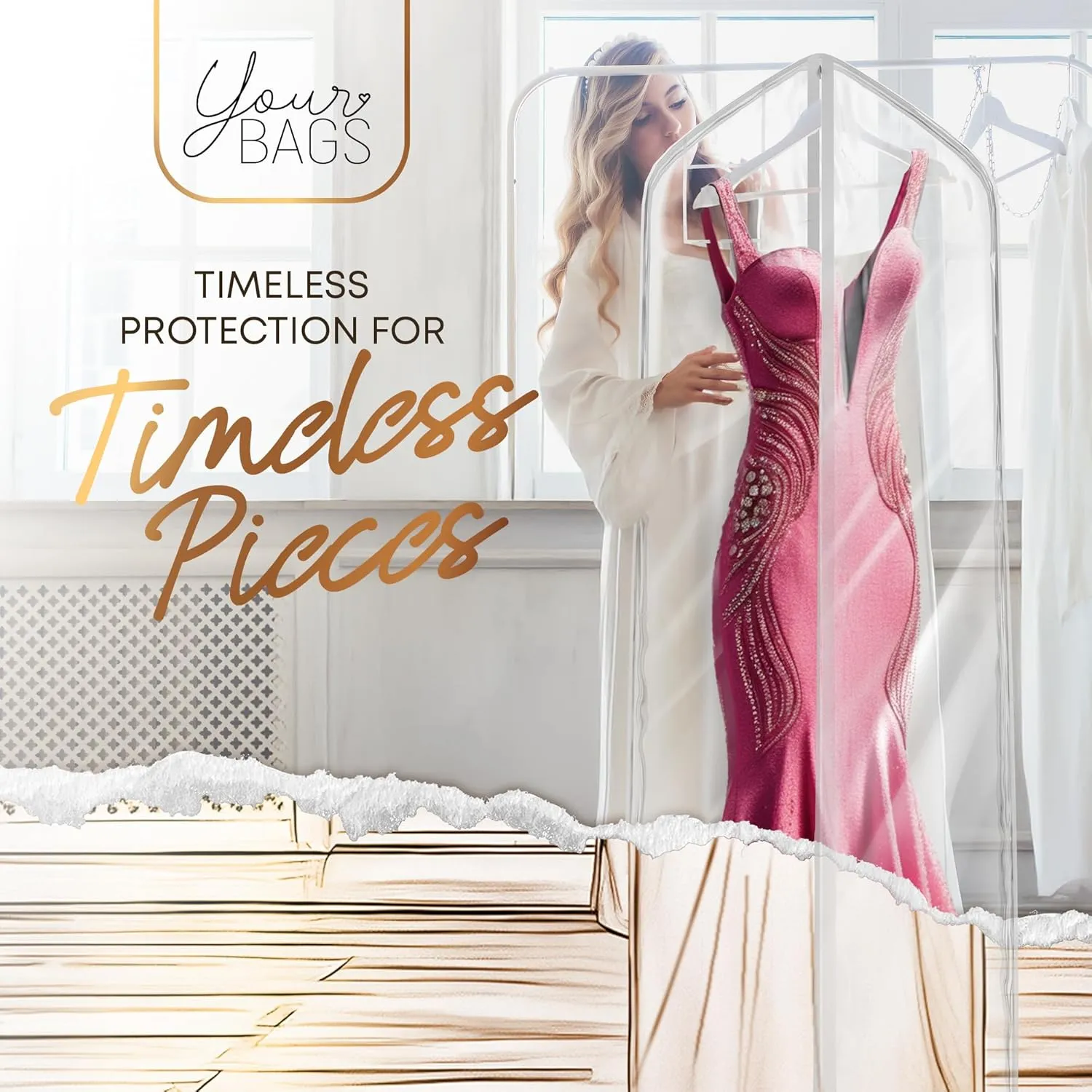72" Tapered Long Dress Bags for Gowns - Wedding Dress Garment Bag for Dresses - Long Garment Bags for Hanging Clothes & Closet Storage, Dress Bag for Airplane