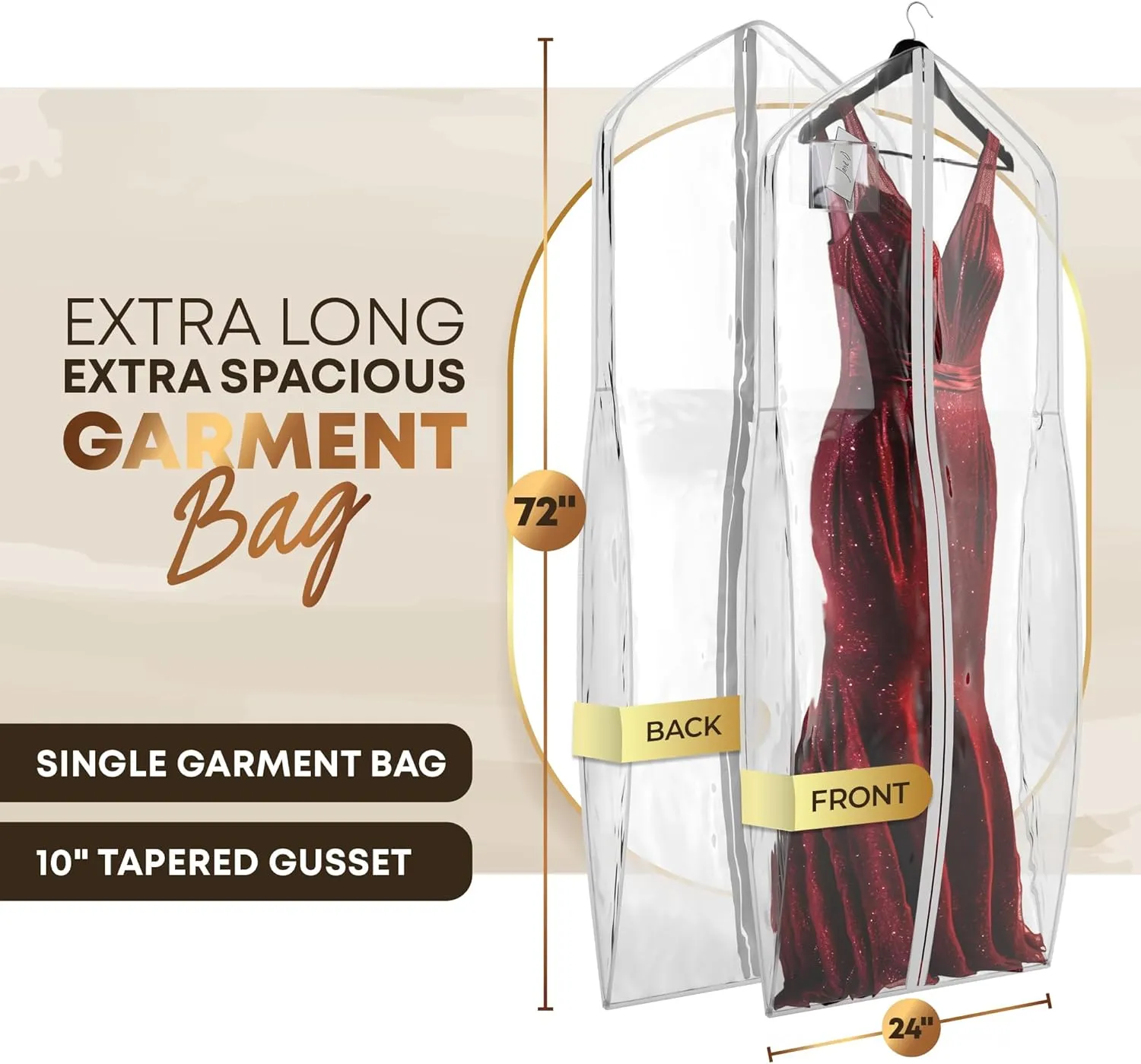 72" Tapered Long Dress Bags for Gowns - Wedding Dress Garment Bag for Dresses - Long Garment Bags for Hanging Clothes & Closet Storage, Dress Bag for Airplane