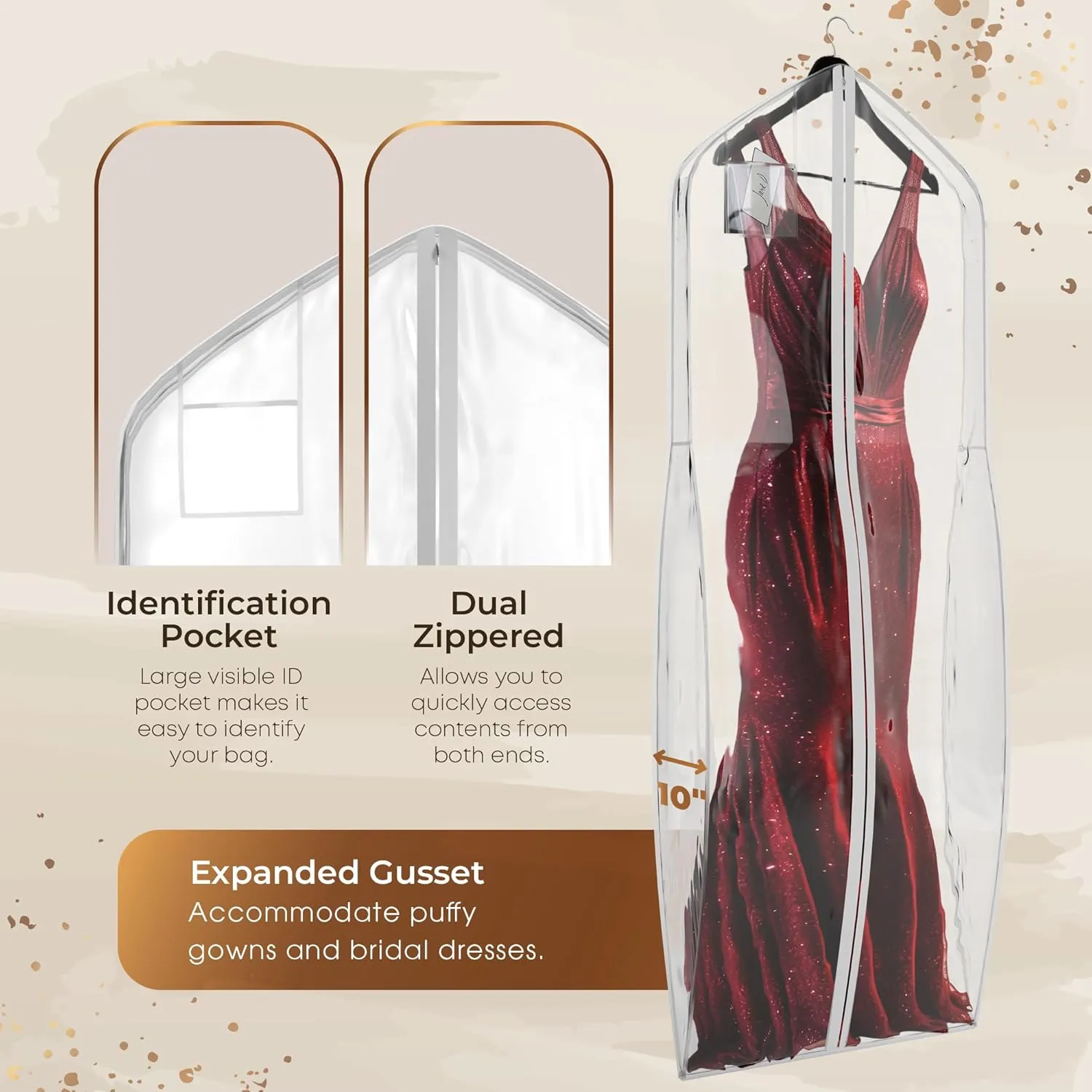 72" Tapered Long Dress Bags for Gowns - Wedding Dress Garment Bag for Dresses - Long Garment Bags for Hanging Clothes & Closet Storage, Dress Bag for Airplane