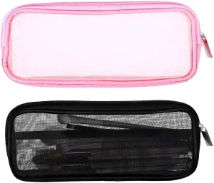 8.3 X 4 Inch 2 PCS Mesh Makeup Brush Bag Clear Travel Makeup Brush Holder Portable Mesh Travel Toiletry Bag with Zipper, Transparent Makeup Brush Storage Bag Cosmetics Brushes Organizer (Black,Pink)