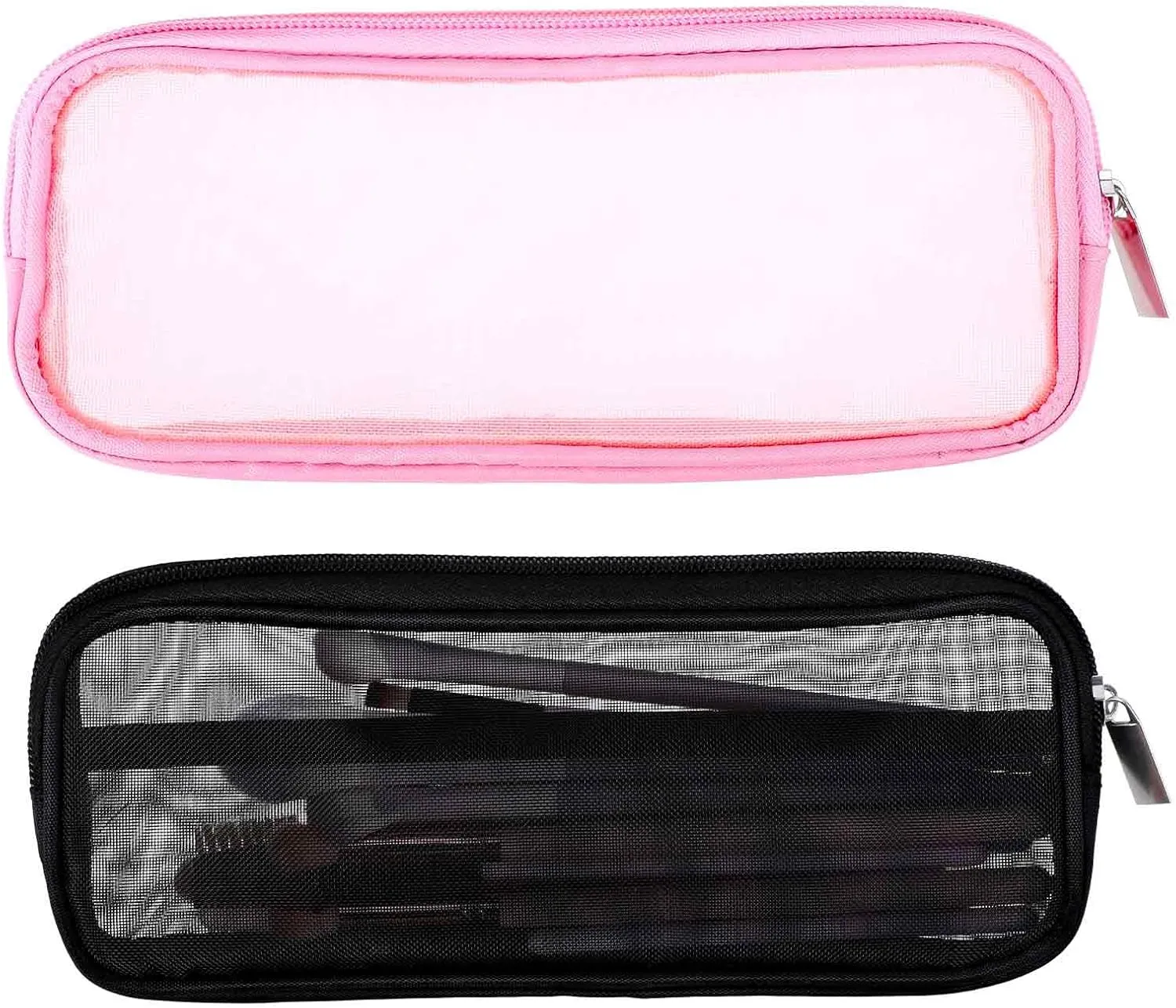 8.3 X 4 Inch 2 PCS Mesh Makeup Brush Bag Clear Travel Makeup Brush Holder Portable Mesh Travel Toiletry Bag with Zipper, Transparent Makeup Brush Storage Bag Cosmetics Brushes Organizer (Black,Pink)