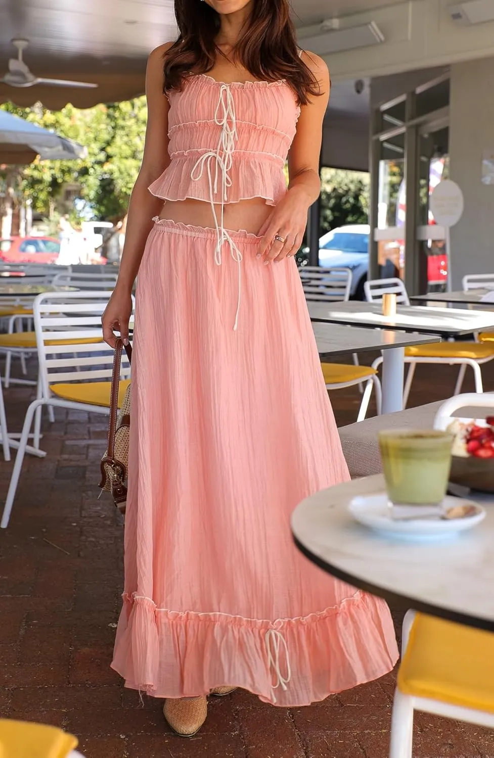Adoeren Women Y2k Maxi Skirt Sets Ruffle Cami Crop Top Tiered Pleated Long Skirt 2 Piece Outfits Summer Casual Beachwear