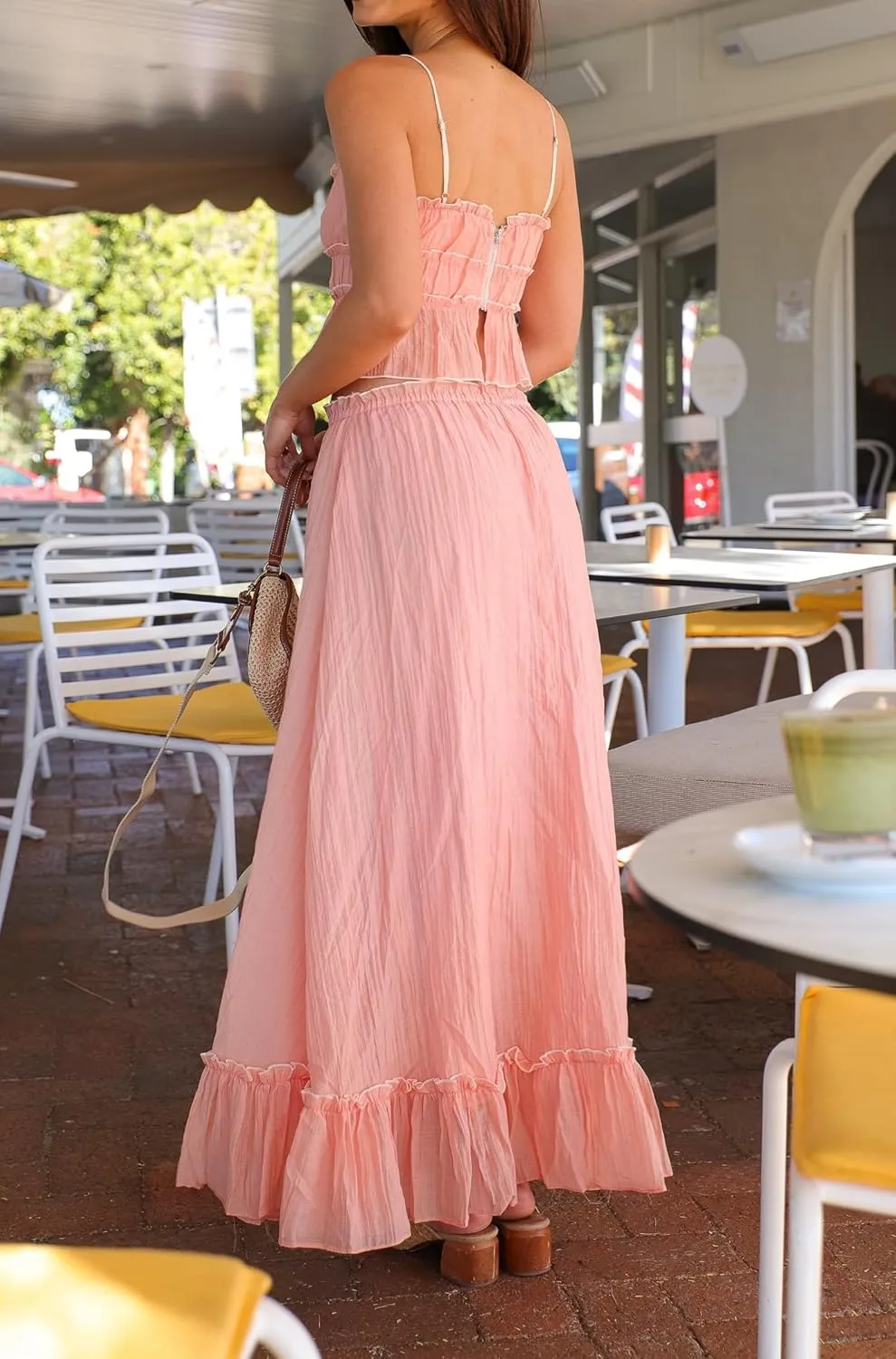 Adoeren Women Y2k Maxi Skirt Sets Ruffle Cami Crop Top Tiered Pleated Long Skirt 2 Piece Outfits Summer Casual Beachwear