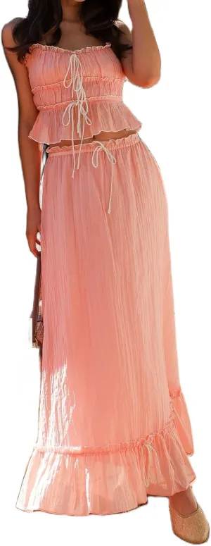 Adoeren Women Y2k Maxi Skirt Sets Ruffle Cami Crop Top Tiered Pleated Long Skirt 2 Piece Outfits Summer Casual Beachwear