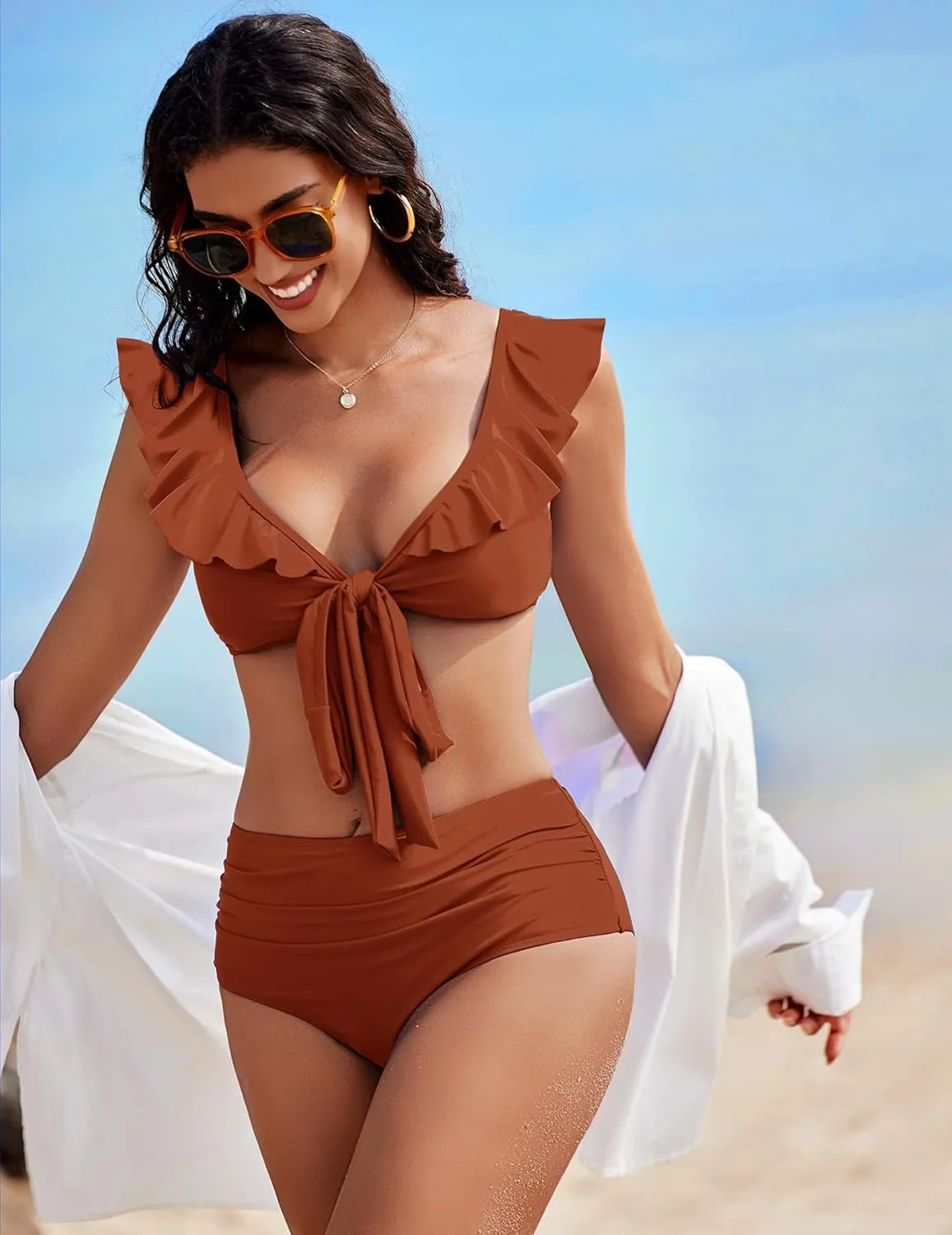 AI'MAGE Women High Waisted Bikini Sets Tummy Control Swimsuits Ruffle Sleeve Two Piece Bathing Suit V Neck Swimwear S-XXL