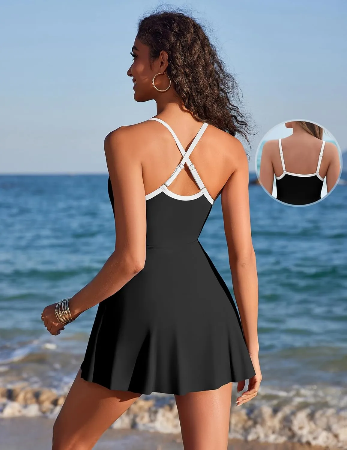 AI'MAGE Womens One Piece Swimsuits A Line Swim Dress Adjustable Straps Tummy Control Bathing Suit with Pockets