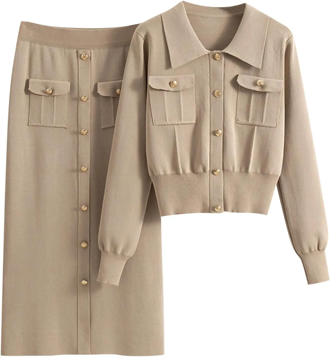 Akklian 2 Piece Sets for Women Long Sleeve Knit Button Cropped Cardigan Sweater Bodycon Elegant Pencil Skirt Fall Outfits