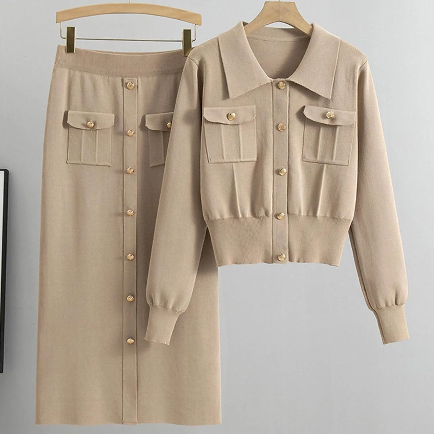 Akklian 2 Piece Sets for Women Long Sleeve Knit Button Cropped Cardigan Sweater Bodycon Elegant Pencil Skirt Fall Outfits