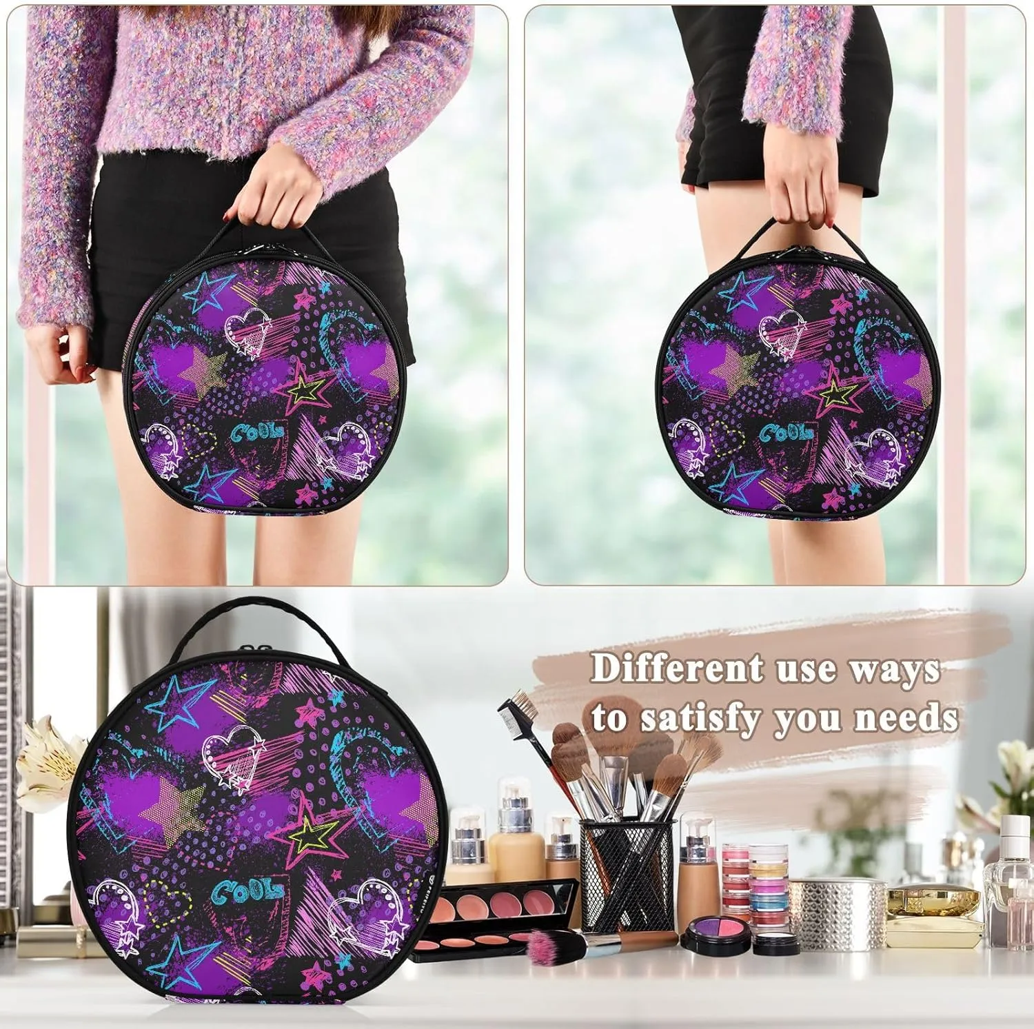 ALAZA Abstract Hearts Triangles Stars Sprays Grunge Neon Travel Makeup Train Case Makeup Cosmetic Case with Adjustable Dividers