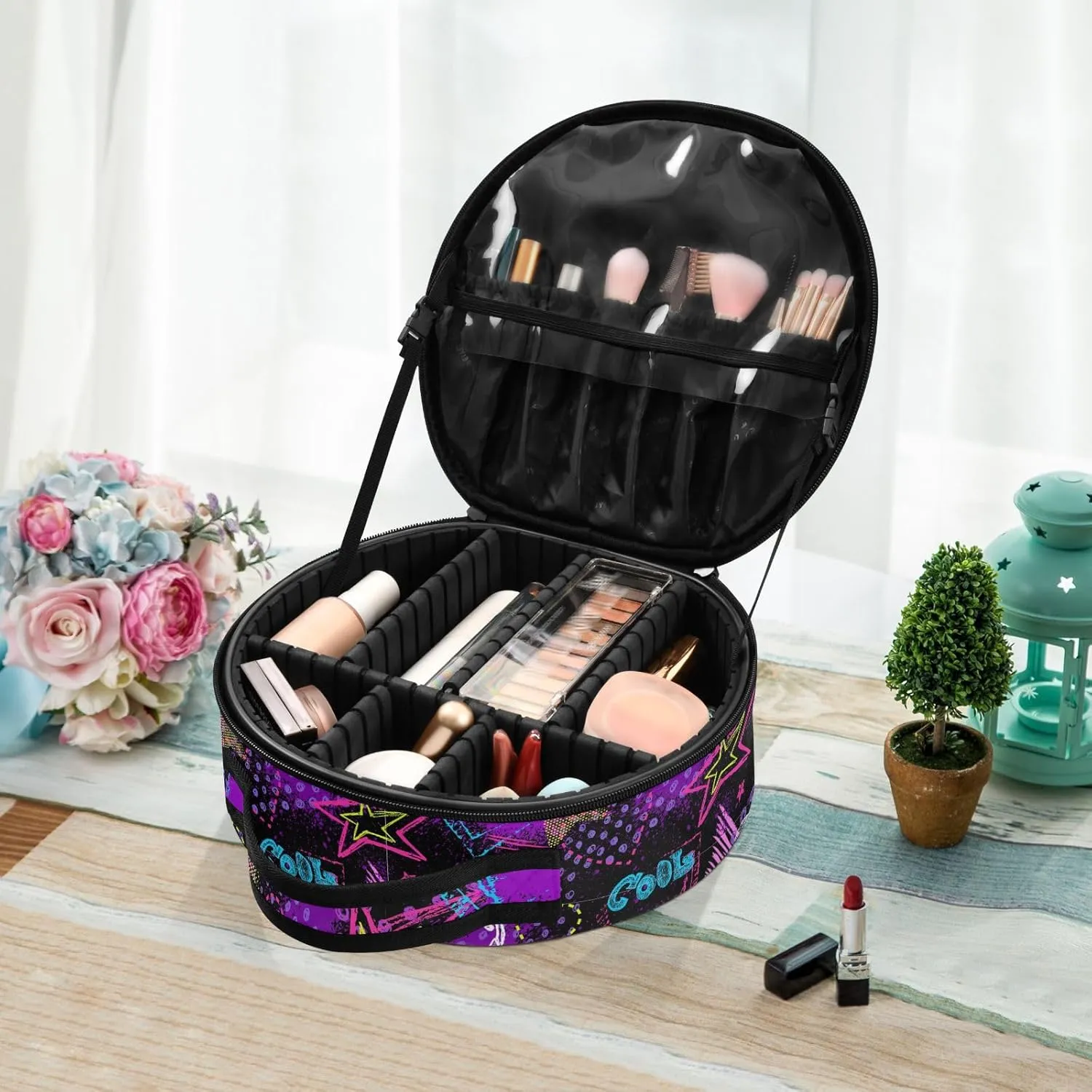 ALAZA Abstract Hearts Triangles Stars Sprays Grunge Neon Travel Makeup Train Case Makeup Cosmetic Case with Adjustable Dividers