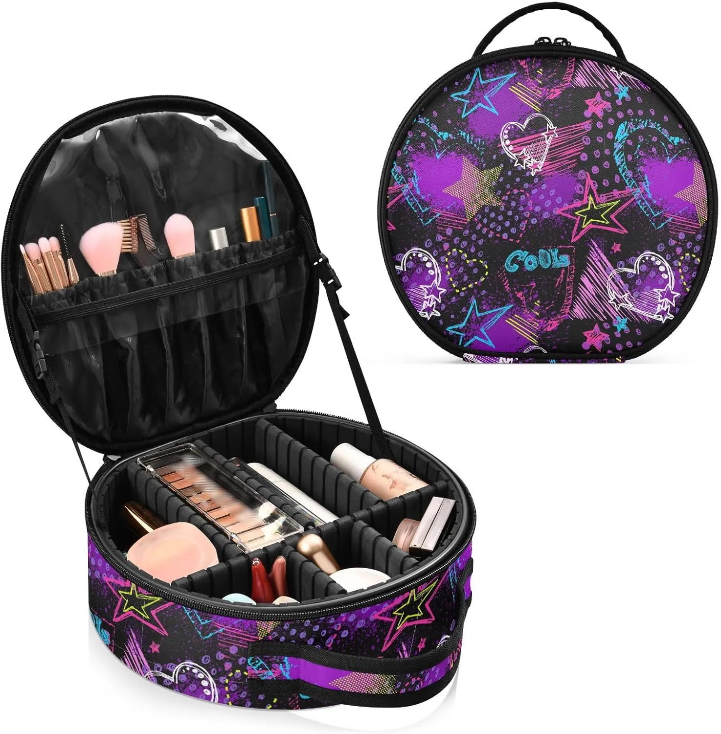 ALAZA Abstract Hearts Triangles Stars Sprays Grunge Neon Travel Makeup Train Case Makeup Cosmetic Case with Adjustable Dividers
