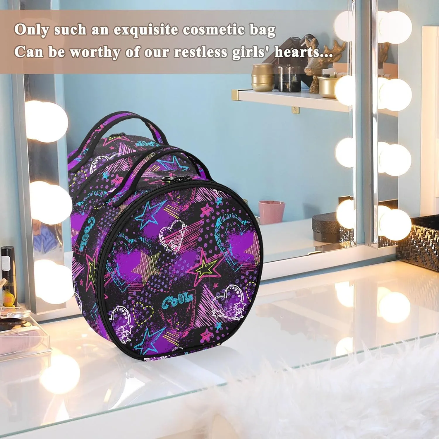 ALAZA Abstract Hearts Triangles Stars Sprays Grunge Neon Travel Makeup Train Case Makeup Cosmetic Case with Adjustable Dividers
