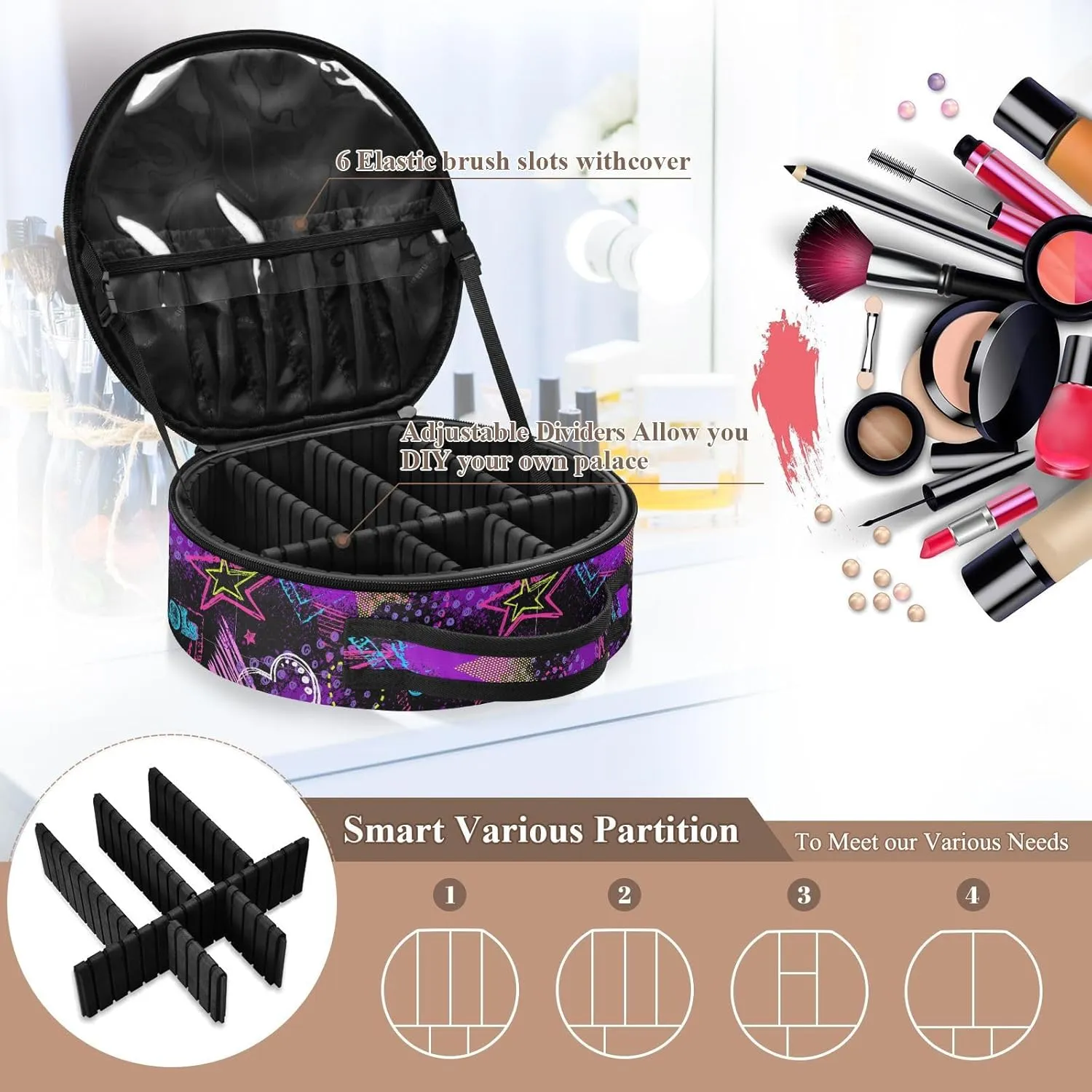 ALAZA Abstract Hearts Triangles Stars Sprays Grunge Neon Travel Makeup Train Case Makeup Cosmetic Case with Adjustable Dividers