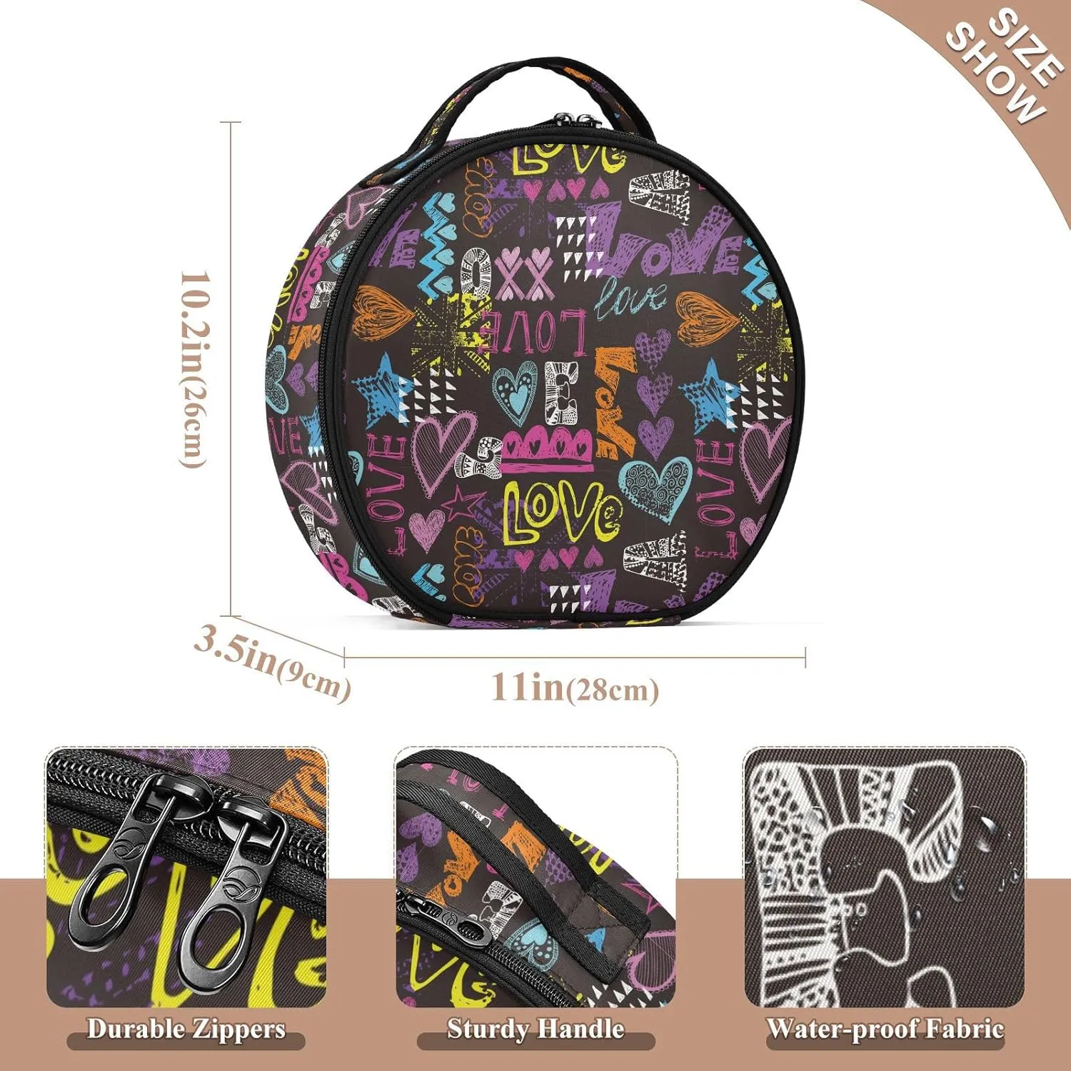 ALAZA Bright Colorful Hearts Words and Geometric Travel Make Up Organizer Cosmetic Brush Bags Case