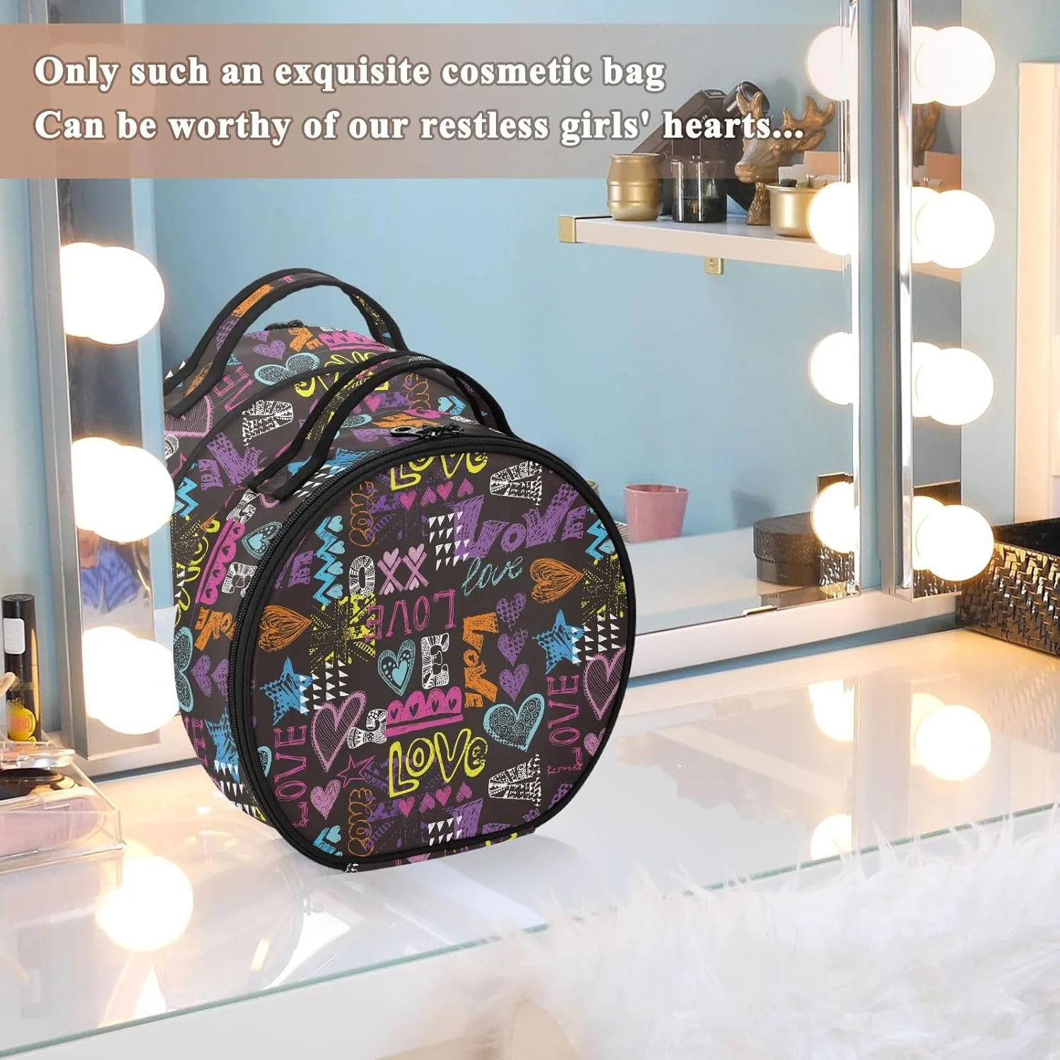 ALAZA Bright Colorful Hearts Words and Geometric Travel Make Up Organizer Cosmetic Brush Bags Case