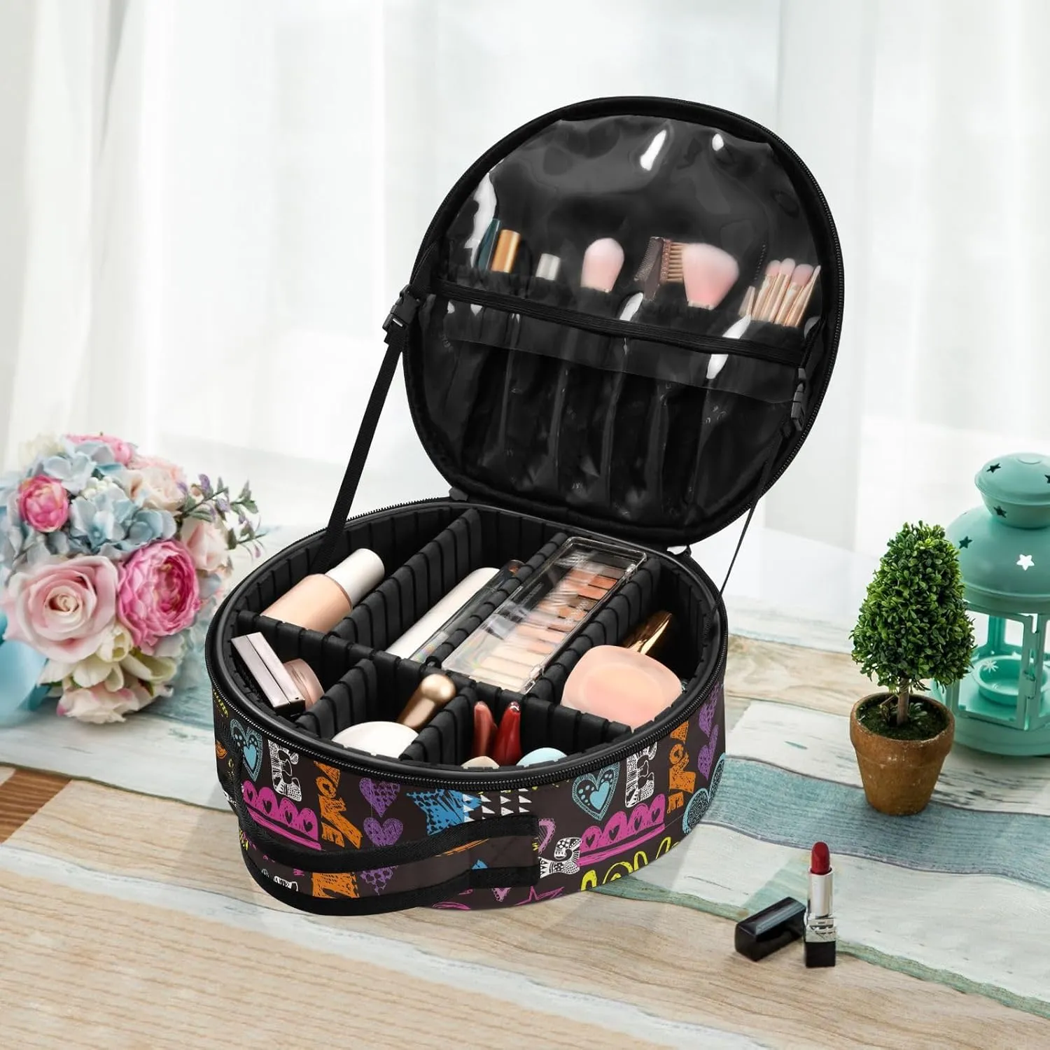 ALAZA Bright Colorful Hearts Words and Geometric Travel Make Up Organizer Cosmetic Brush Bags Case