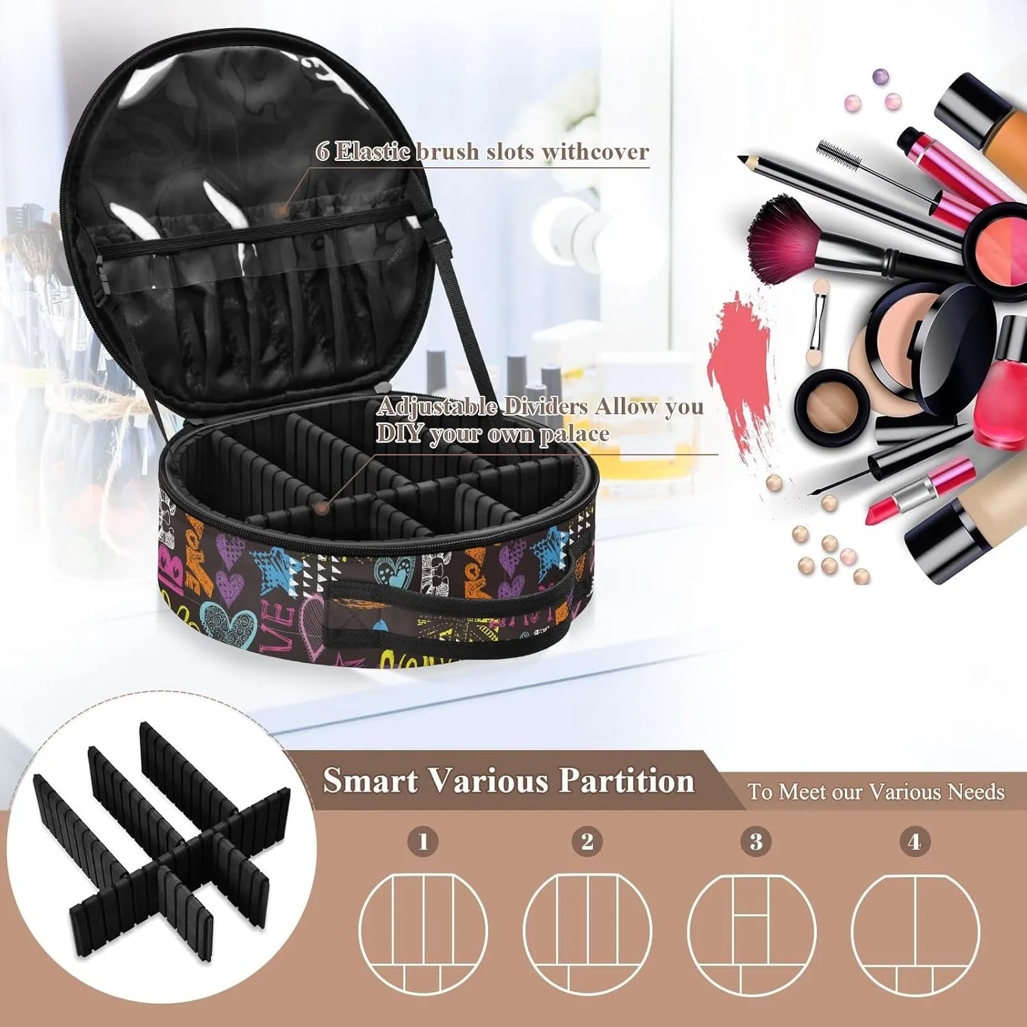 ALAZA Bright Colorful Hearts Words and Geometric Travel Make Up Organizer Cosmetic Brush Bags Case
