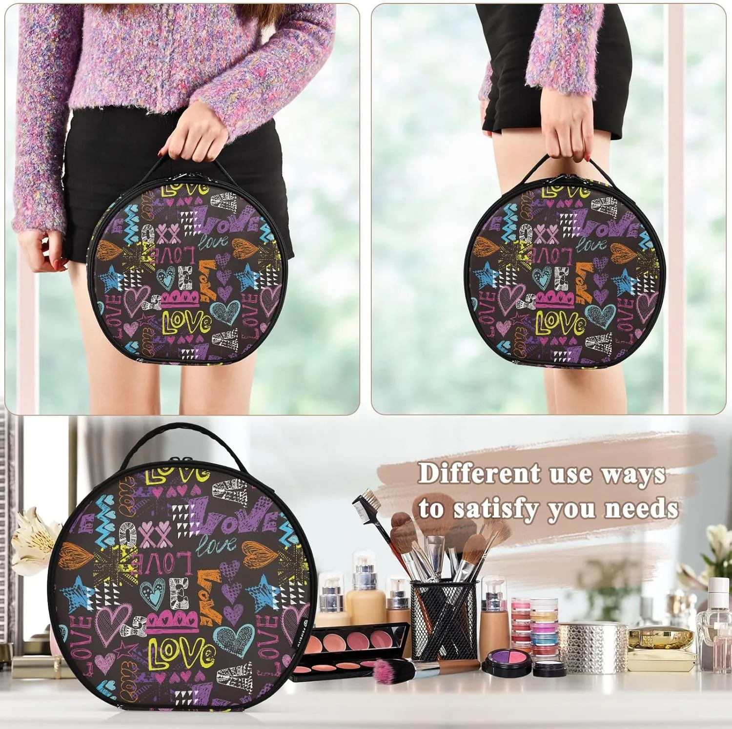 ALAZA Bright Colorful Hearts Words and Geometric Travel Make Up Organizer Cosmetic Brush Bags Case
