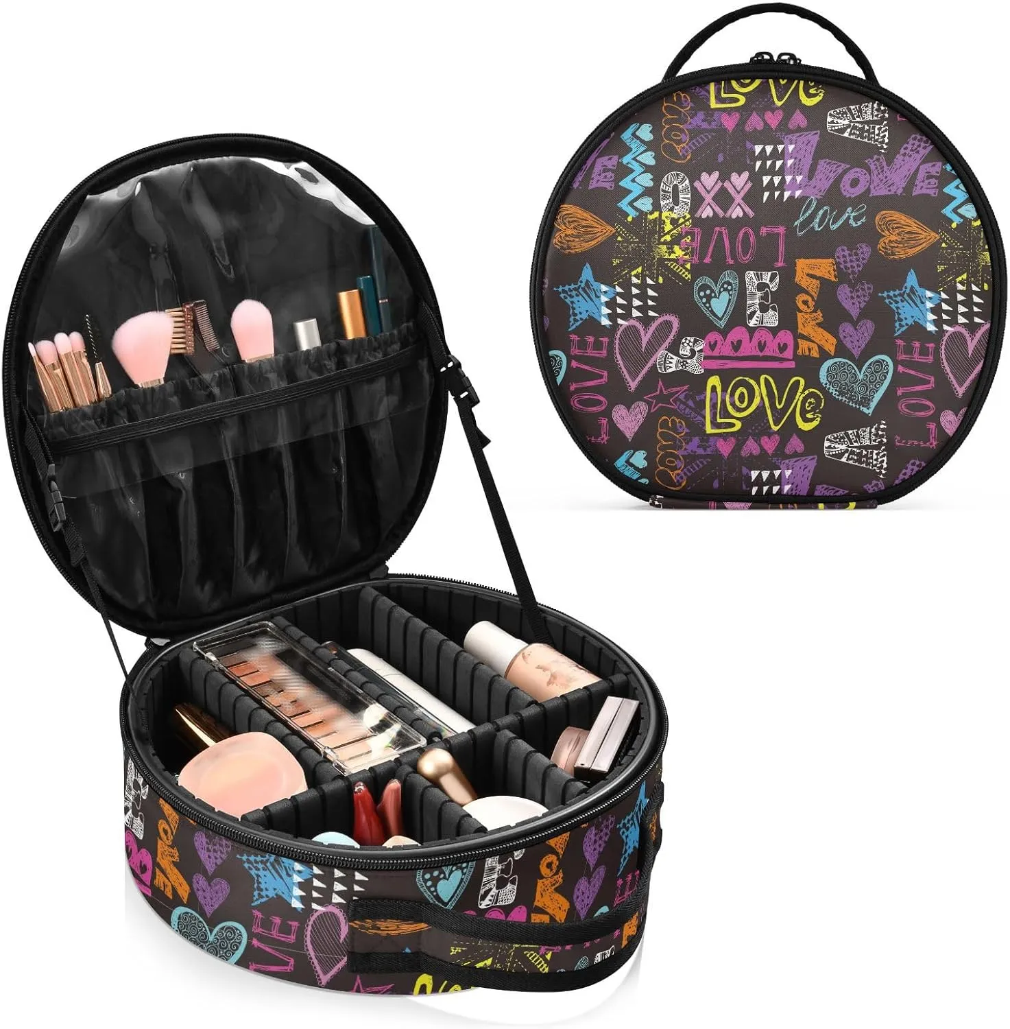 ALAZA Bright Colorful Hearts Words and Geometric Travel Make Up Organizer Cosmetic Brush Bags Case