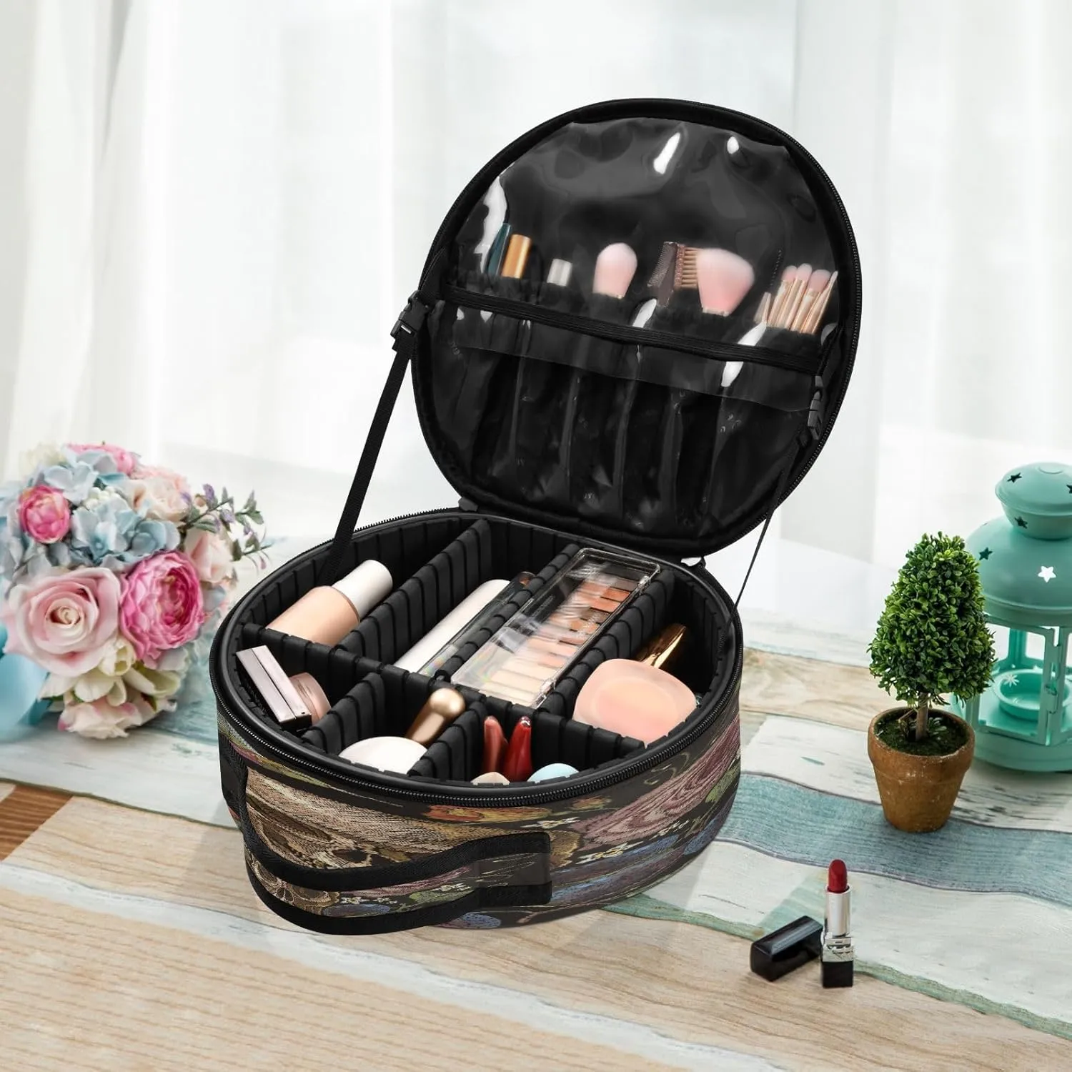 ALAZA Day of the Dead Skull Rose Humming Bird Dia De Muertos Portable Cosmetic Bag Large Capacity Makeup Bags