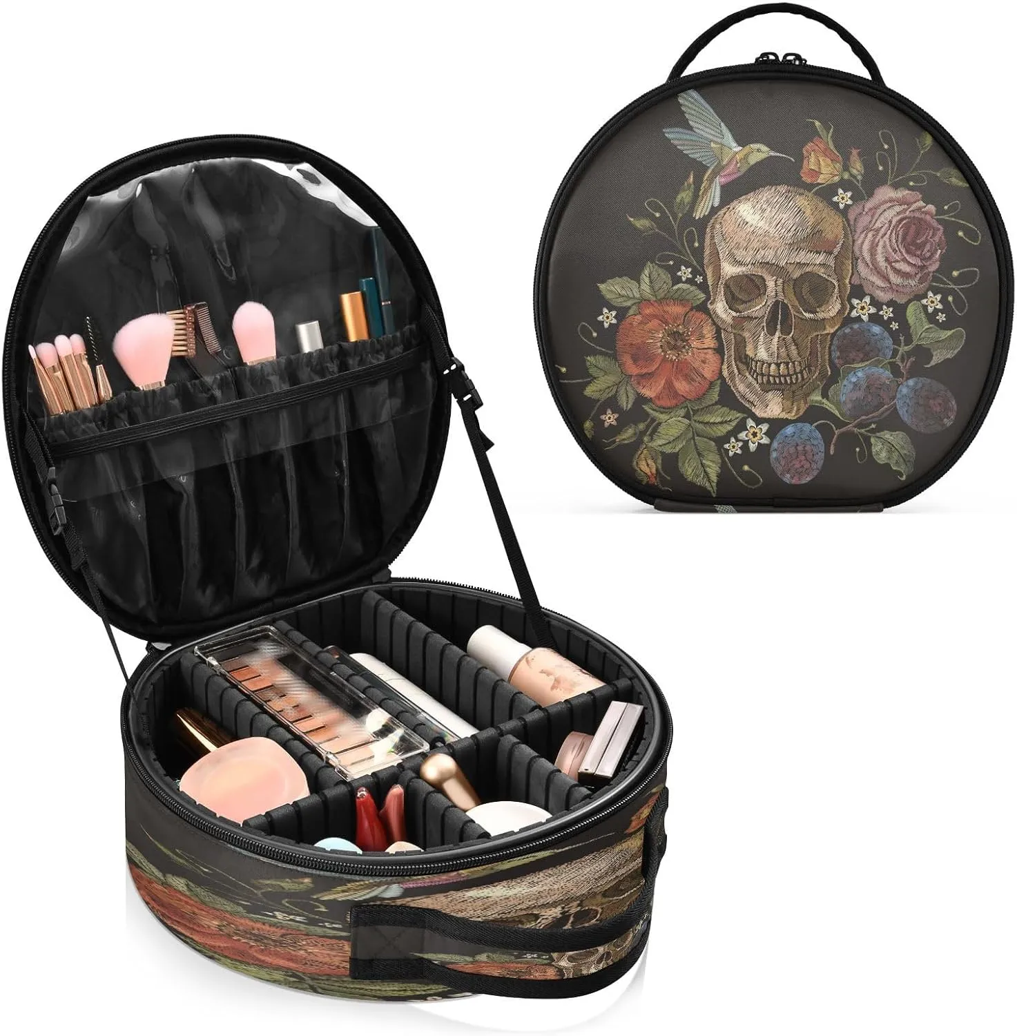 ALAZA Day of the Dead Skull Rose Humming Bird Dia De Muertos Portable Cosmetic Bag Large Capacity Makeup Bags