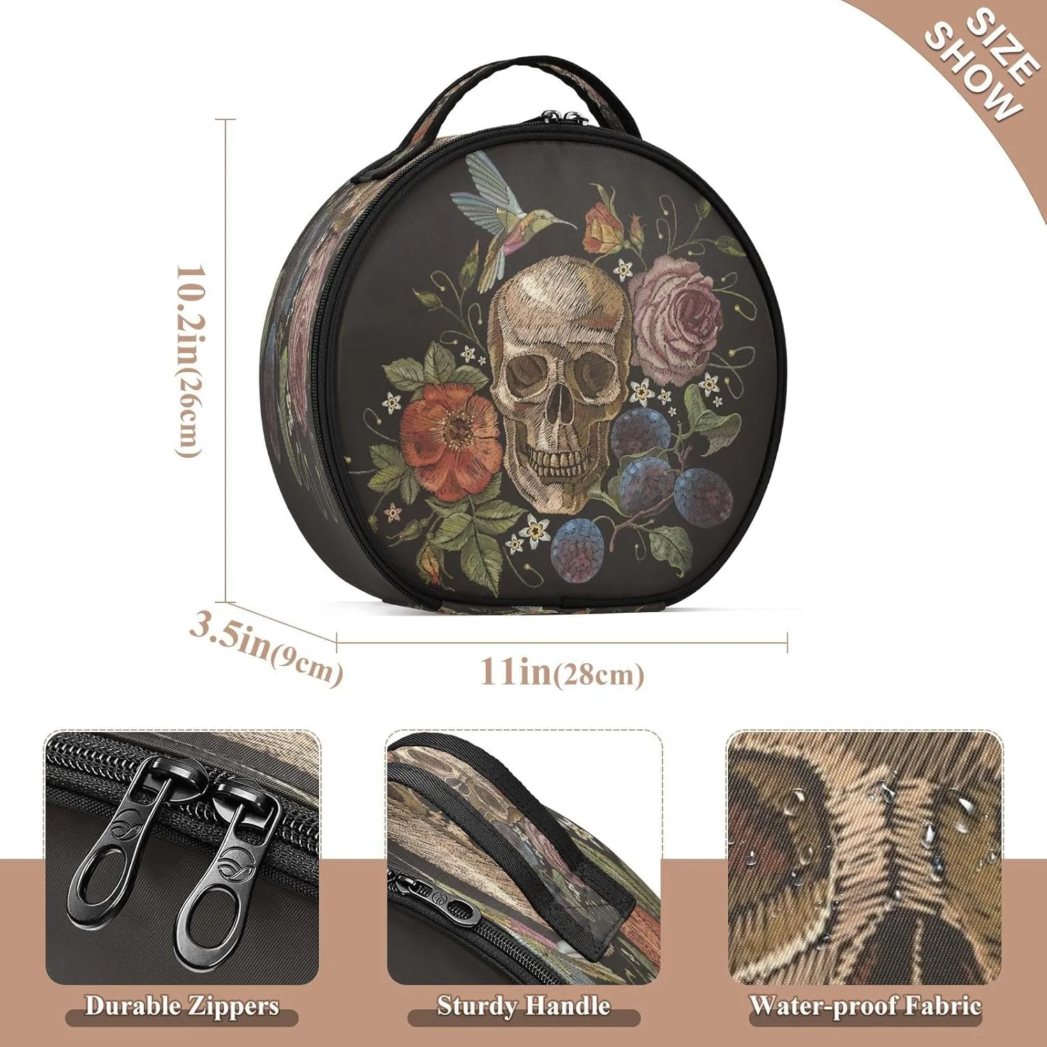 ALAZA Day of the Dead Skull Rose Humming Bird Dia De Muertos Portable Cosmetic Bag Large Capacity Makeup Bags