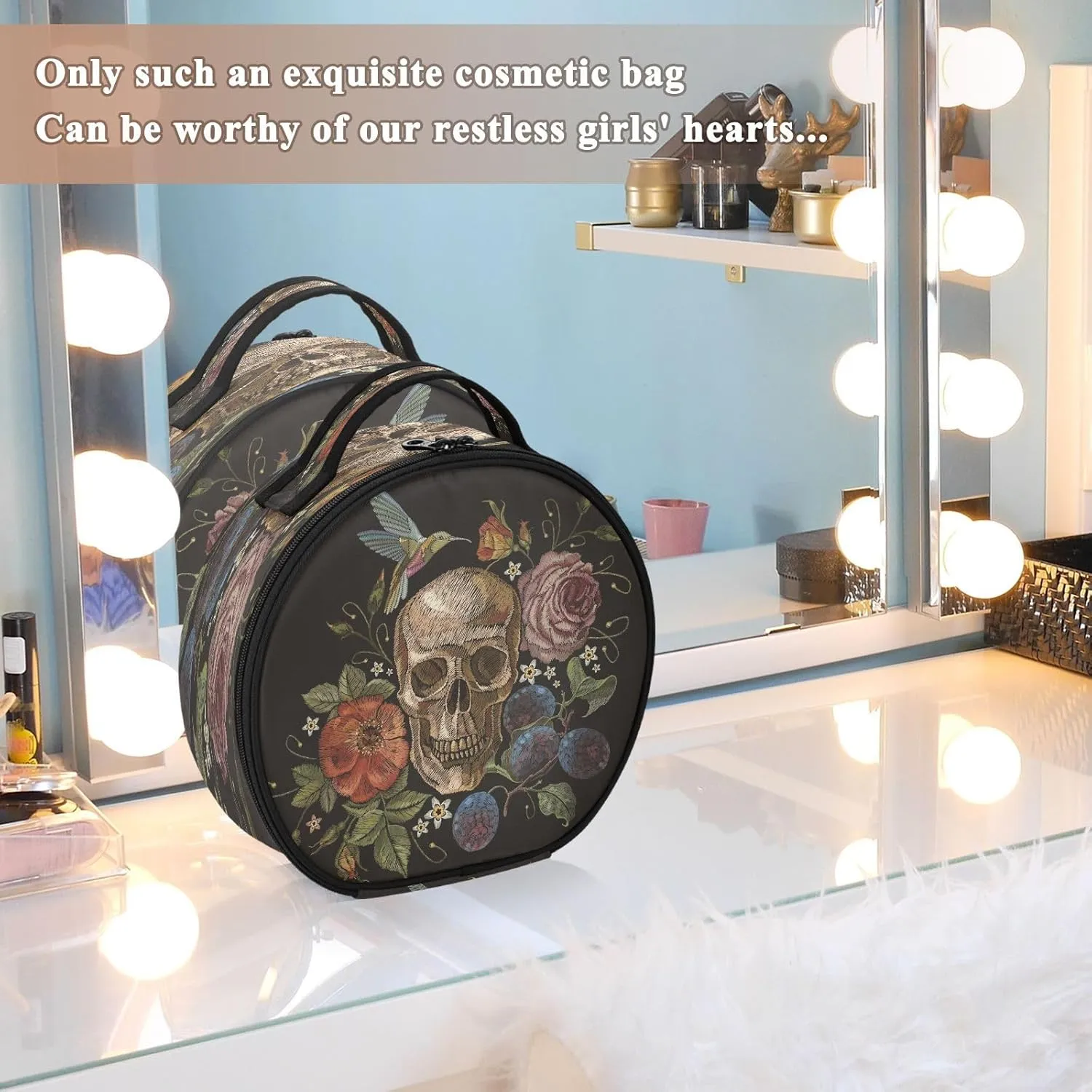 ALAZA Day of the Dead Skull Rose Humming Bird Dia De Muertos Portable Cosmetic Bag Large Capacity Makeup Bags