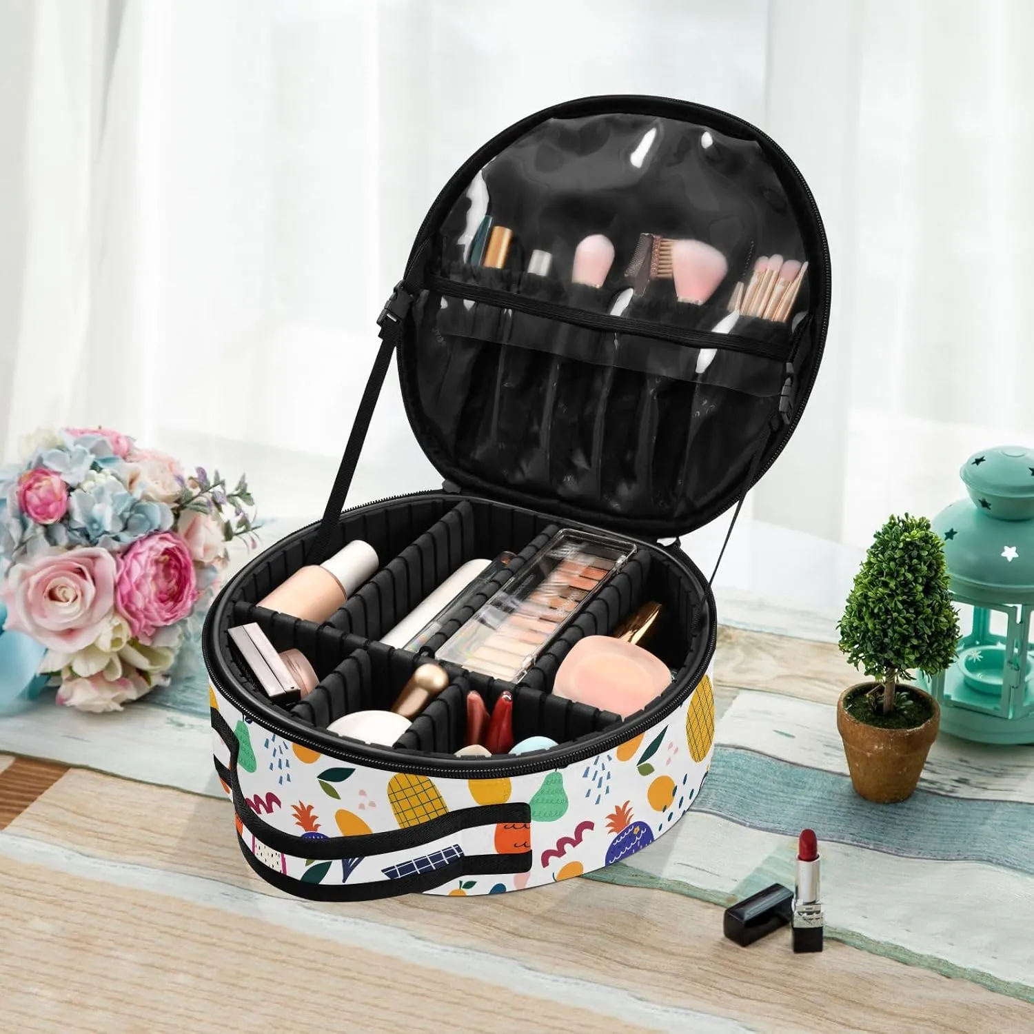 ALAZA Pineapple Exotic Fruits and Abstract Portable Cosmetic Bag Large Capacity Travel Makeup Case Organizer