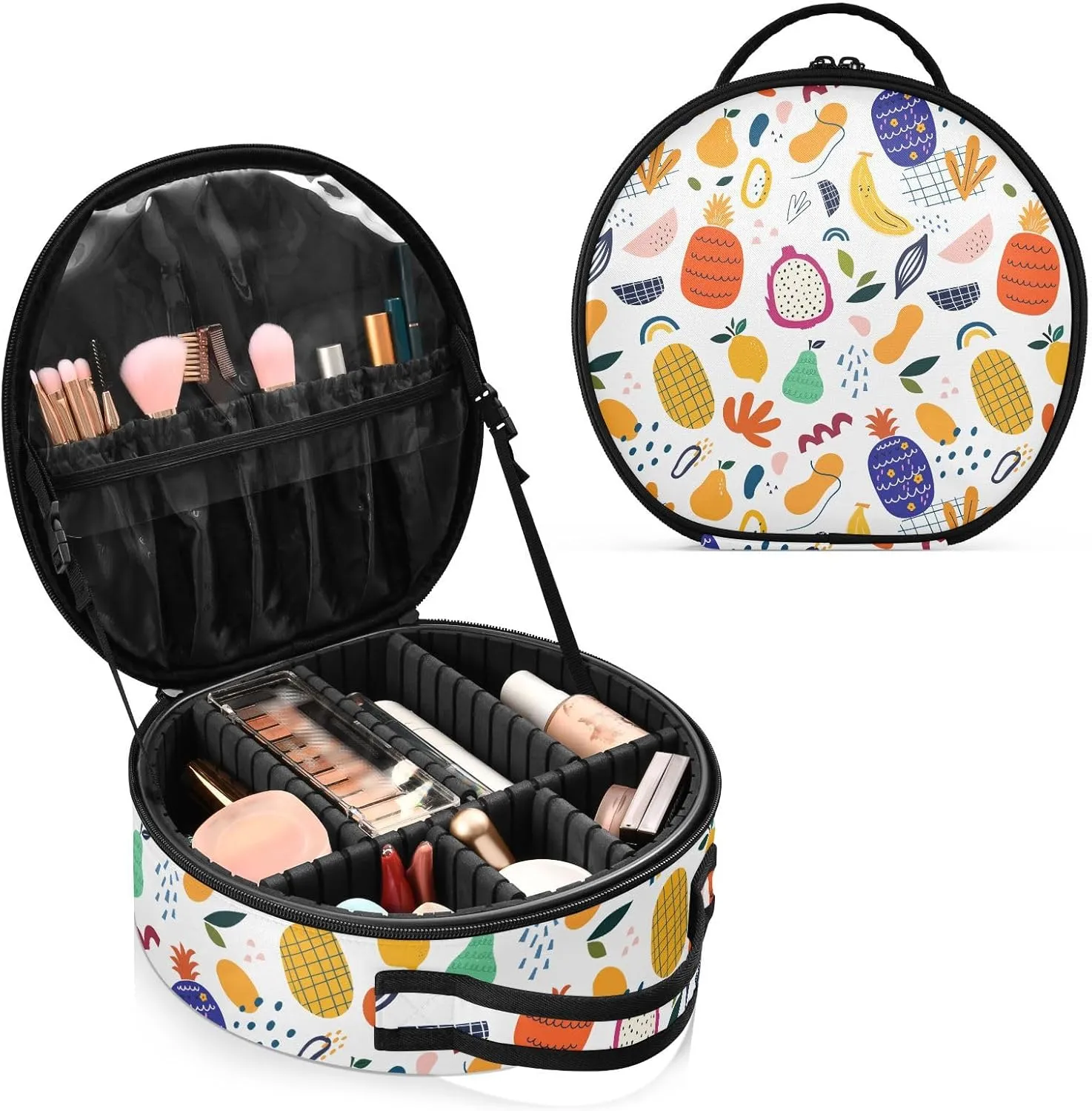 ALAZA Pineapple Exotic Fruits and Abstract Portable Cosmetic Bag Large Capacity Travel Makeup Case Organizer