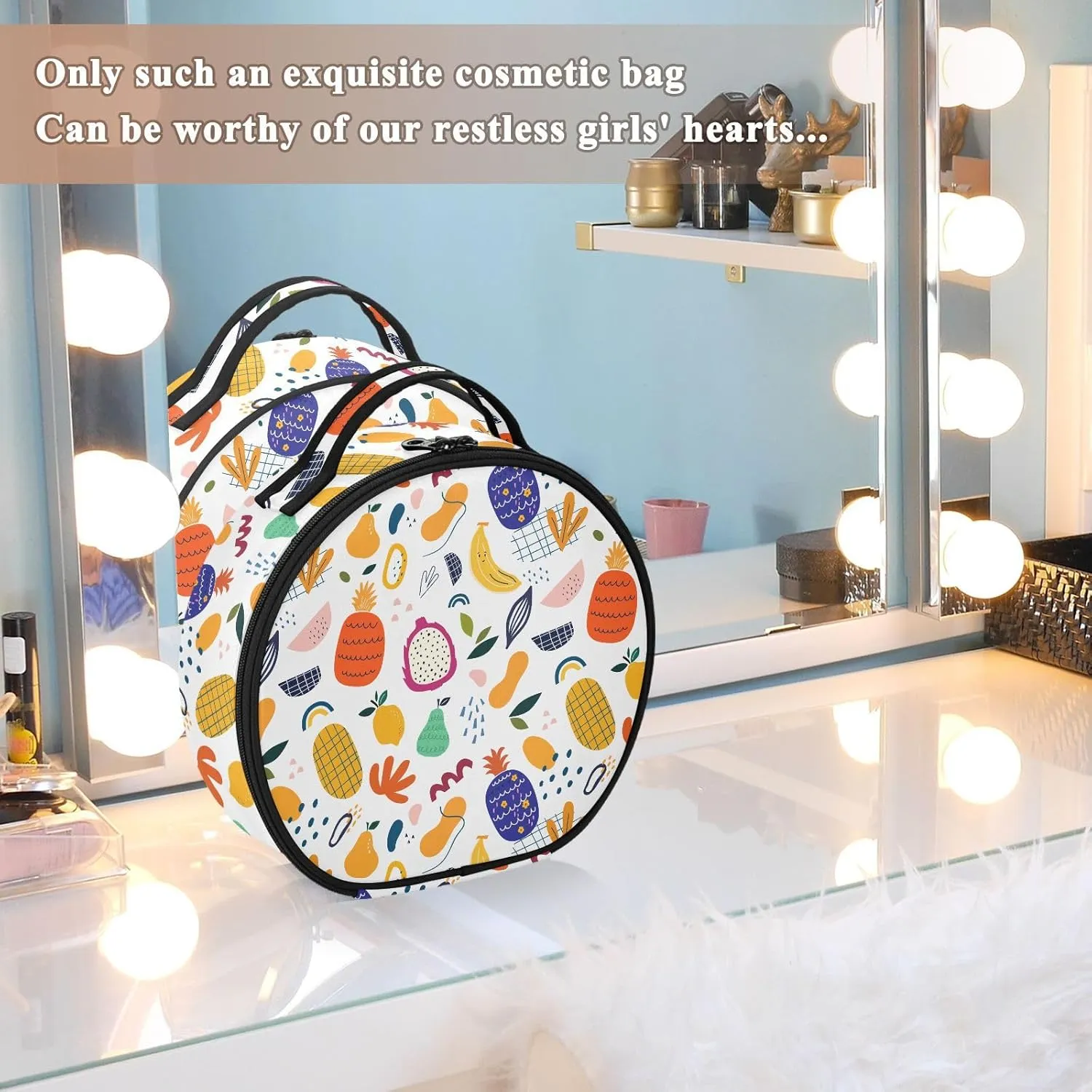 ALAZA Pineapple Exotic Fruits and Abstract Portable Cosmetic Bag Large Capacity Travel Makeup Case Organizer