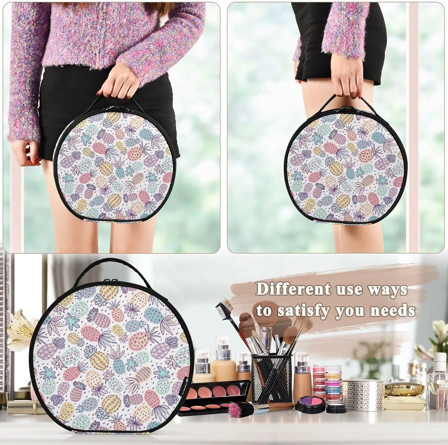 ALAZA Pineapple Pastel Colors Exotic Fruits Travel Make Up Organizer Cosmetic Brush Bags Case