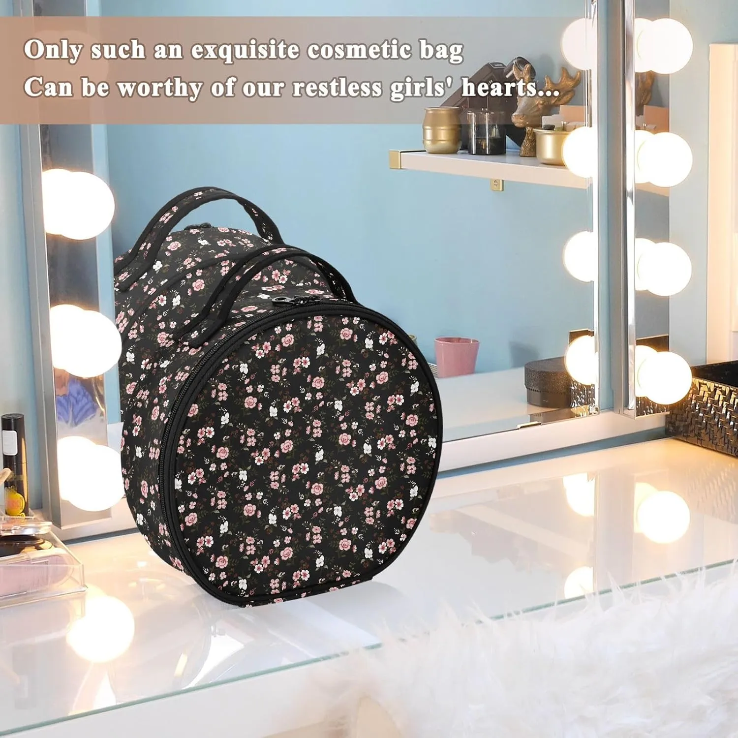 ALAZA Pink Flower on Black Makeup Bag Travel Cosmetic Bag Large Toiletry Organizer