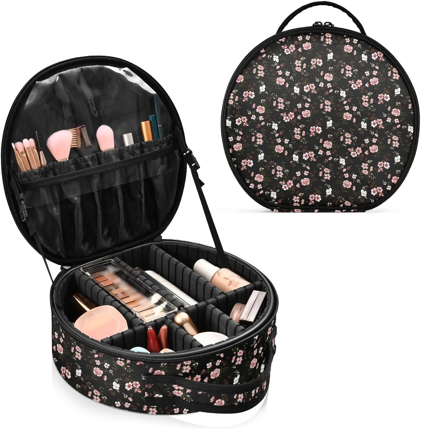 ALAZA Pink Flower on Black Makeup Bag Travel Cosmetic Bag Large Toiletry Organizer