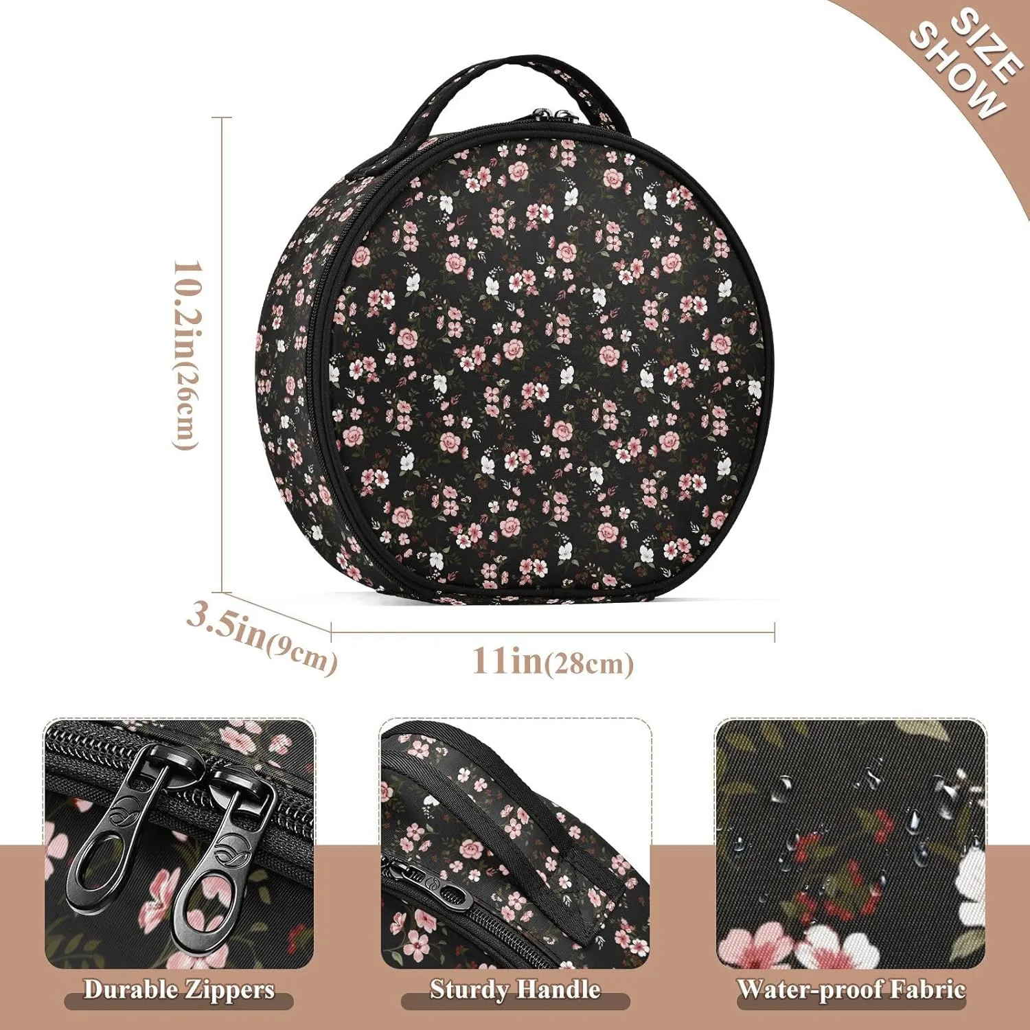 ALAZA Pink Flower on Black Makeup Bag Travel Cosmetic Bag Large Toiletry Organizer