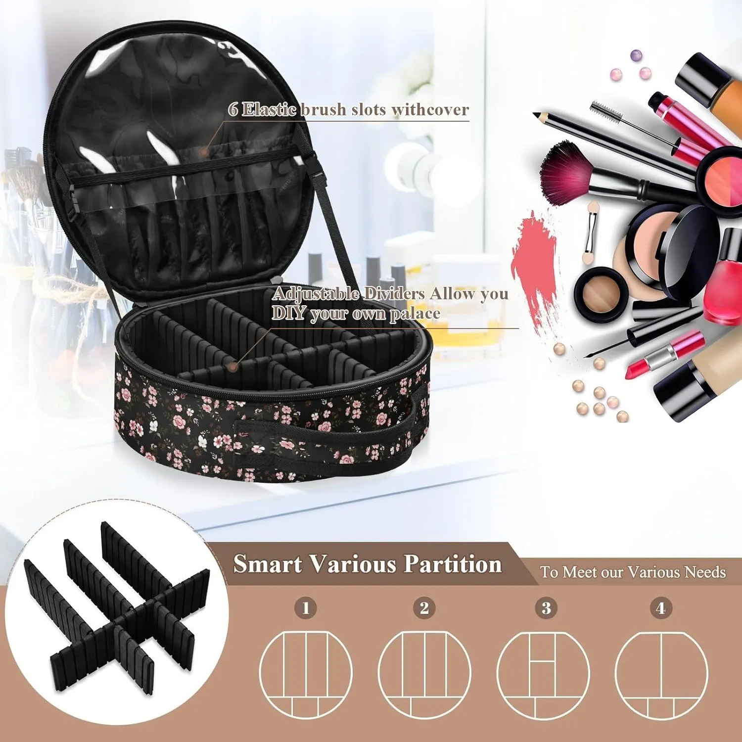 ALAZA Pink Flower on Black Makeup Bag Travel Cosmetic Bag Large Toiletry Organizer
