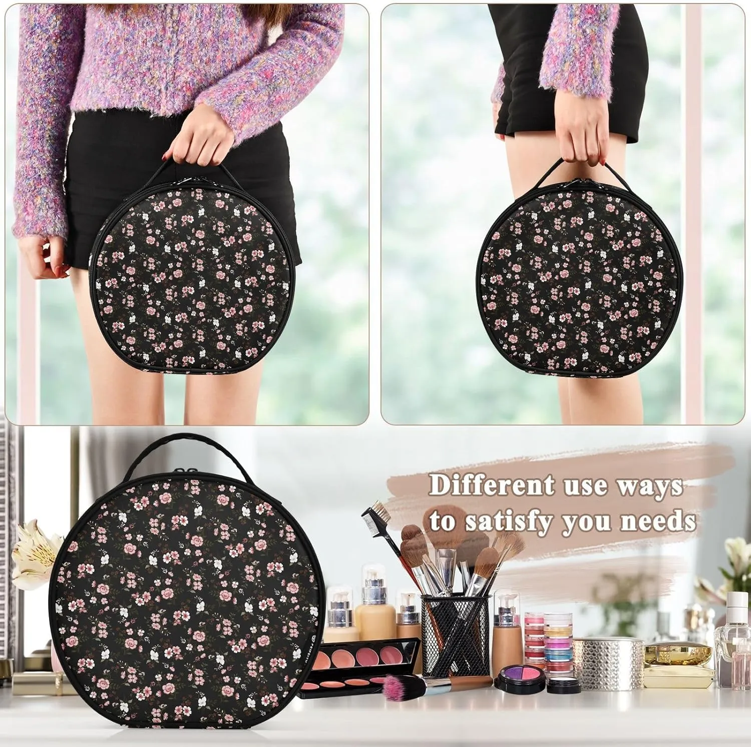ALAZA Pink Flower on Black Makeup Bag Travel Cosmetic Bag Large Toiletry Organizer