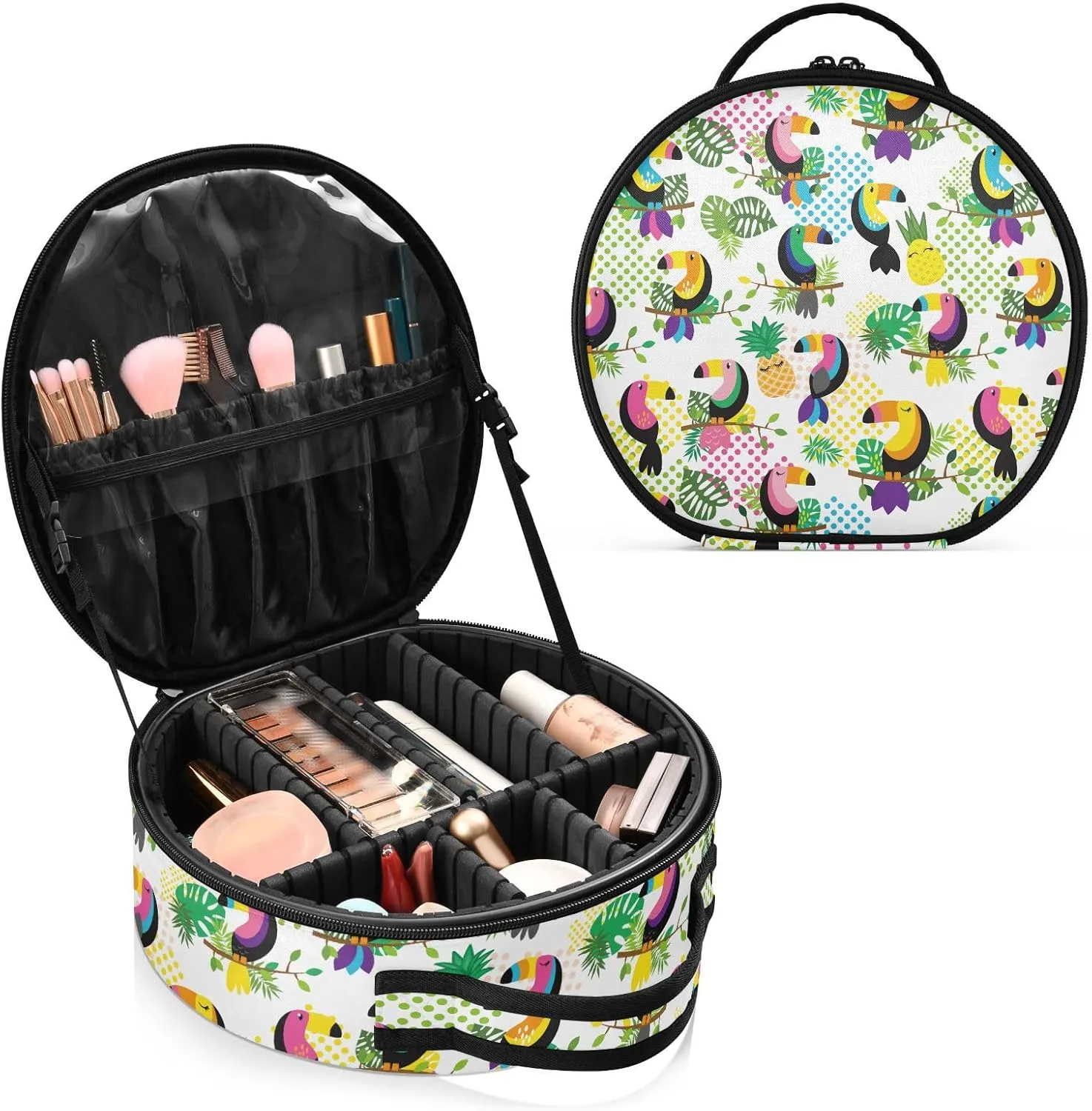 ALAZA Tropical Flamingos Toucans Cacti Tropical Leaves Travel Make Up Organizer Cosmetic Brush Bags Case